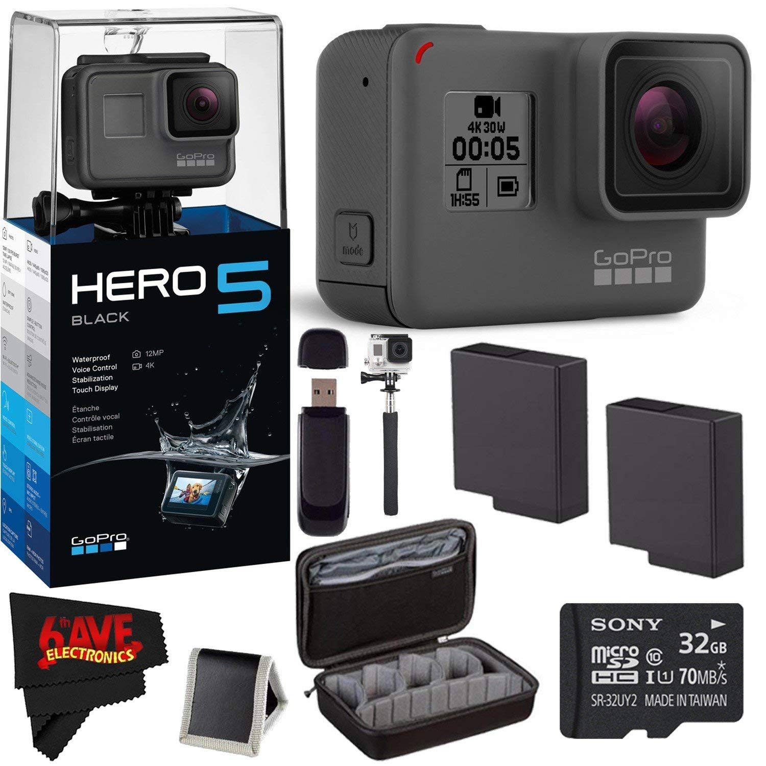 GoPro Hero 5 Black + 32GB Memory Card + 2 Rechargeable Batteries Accessories Kit