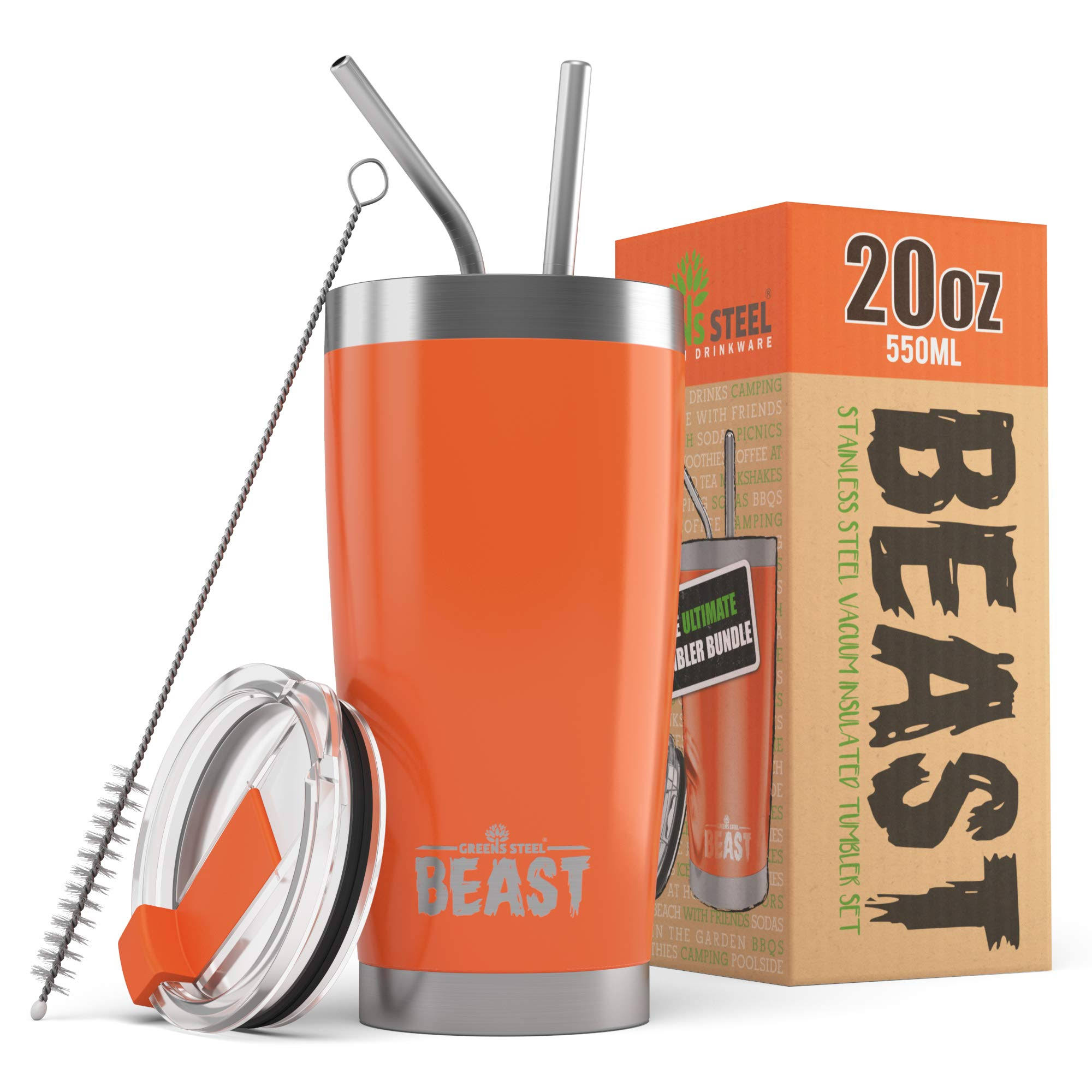 Greens Steel Beast 20oz Orange Tumbler - Stainless Steel Vacuum Insulated Coffee Ice Cup Double Wall Travel Flask, Coffee