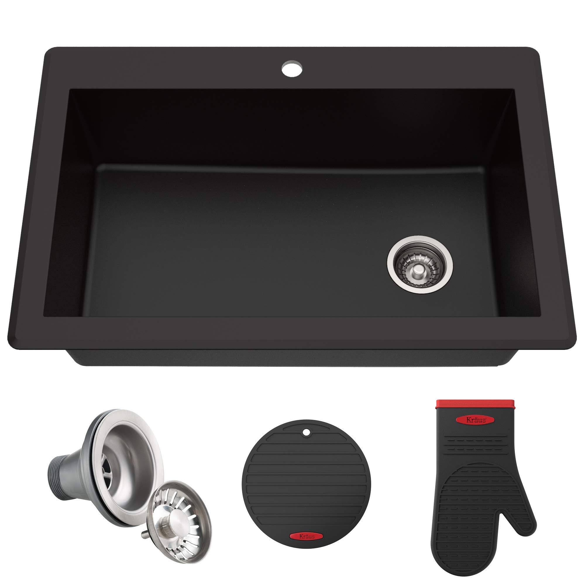 Kraus Forteza 33x22 Dual Mount Single Bowl Black Granite Kitchen Sink Black