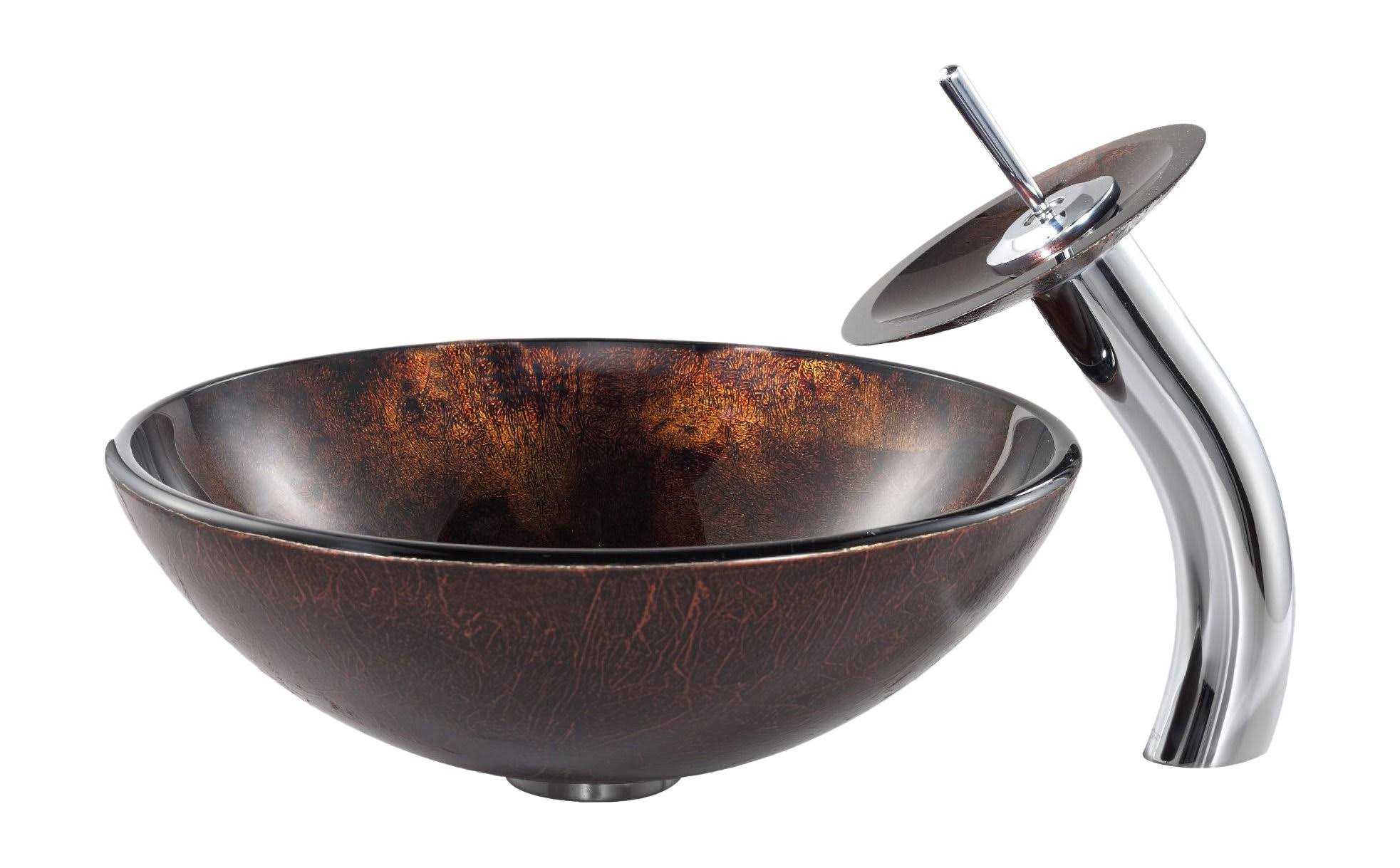 Kraus C-GV-684-12mm-10CH Chrome Pluto Glass Vessel Sink and Waterfall Faucet