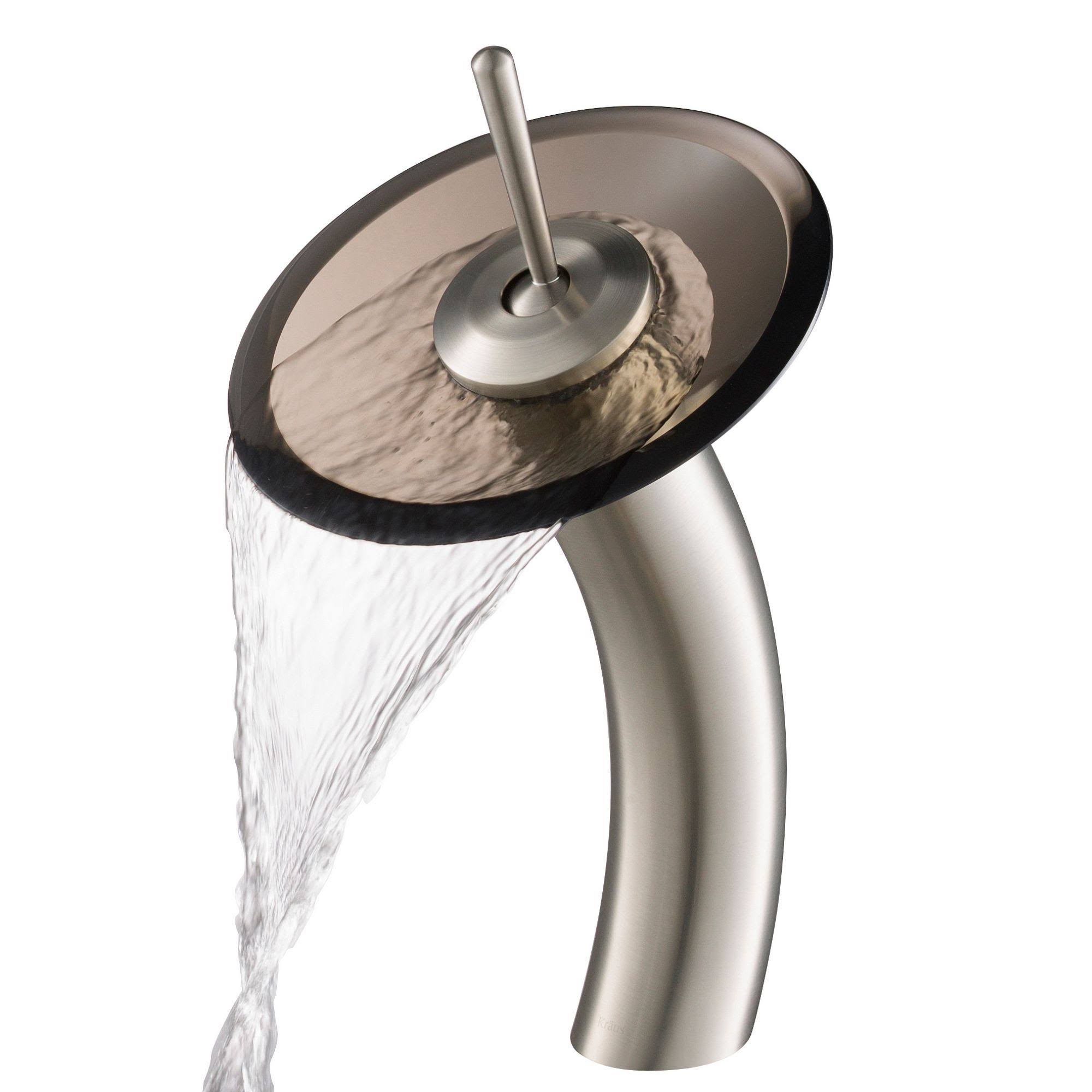 Kraus Waterfall Vessel Bathroom Faucet Satin Nickel (Brown Clear Small Glass)