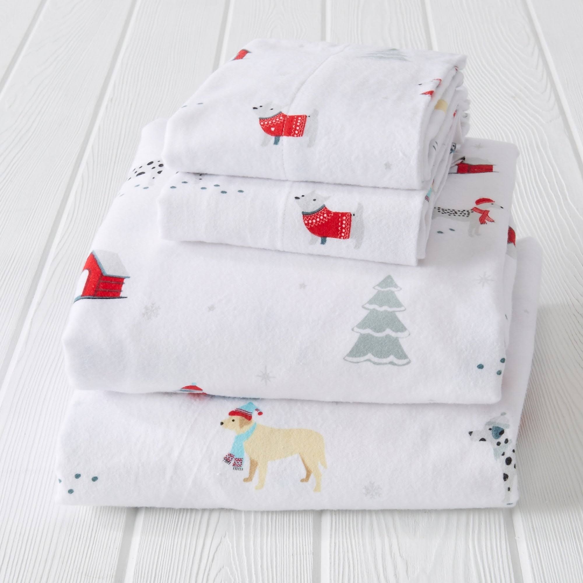 Great Bay Home Extra Soft 100% Cotton Printed Flannel Sheet Set Queen Pups in The Snow White