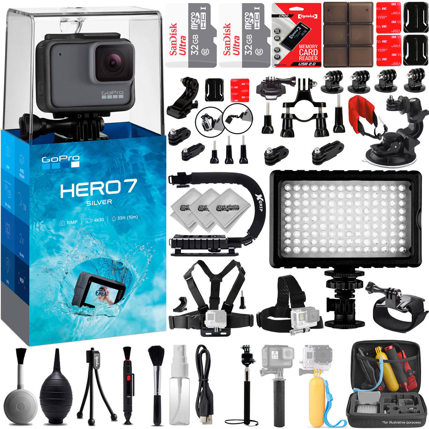 GoPro Hero7 Silver 4K 12MP Digital Camcorder w/ 64GB - 42pc Sports Action Bundle