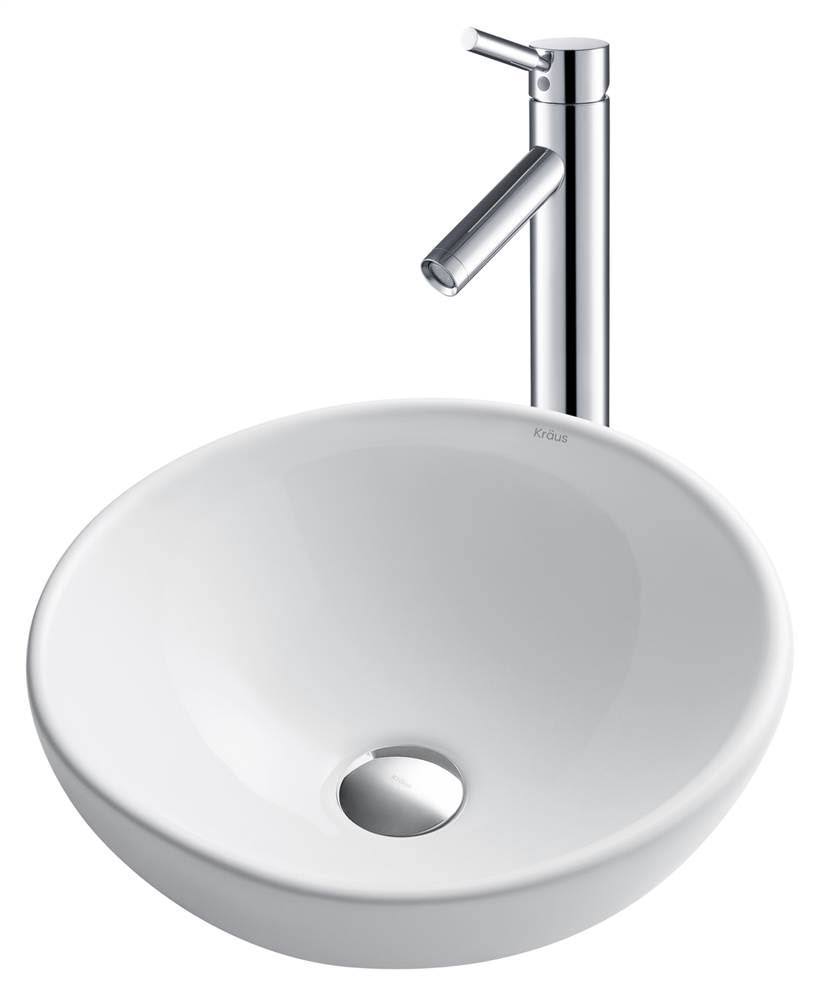 Kraus C-KCV-141-1002SN Soft Round Ceramic Vessel Sink with Sheven Faucet White - Satin Nickel