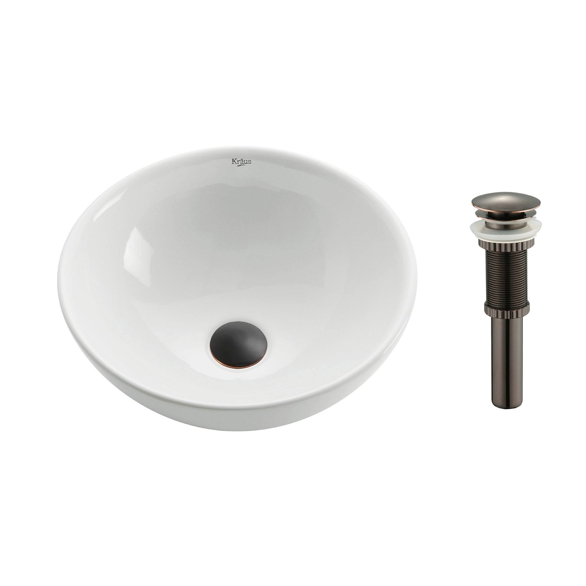 Kraus KCV-141-ORB Soft Round Ceramic Vessel Bathroom Sink with Pop-Up Drain White - Oil Rubbed Bronze