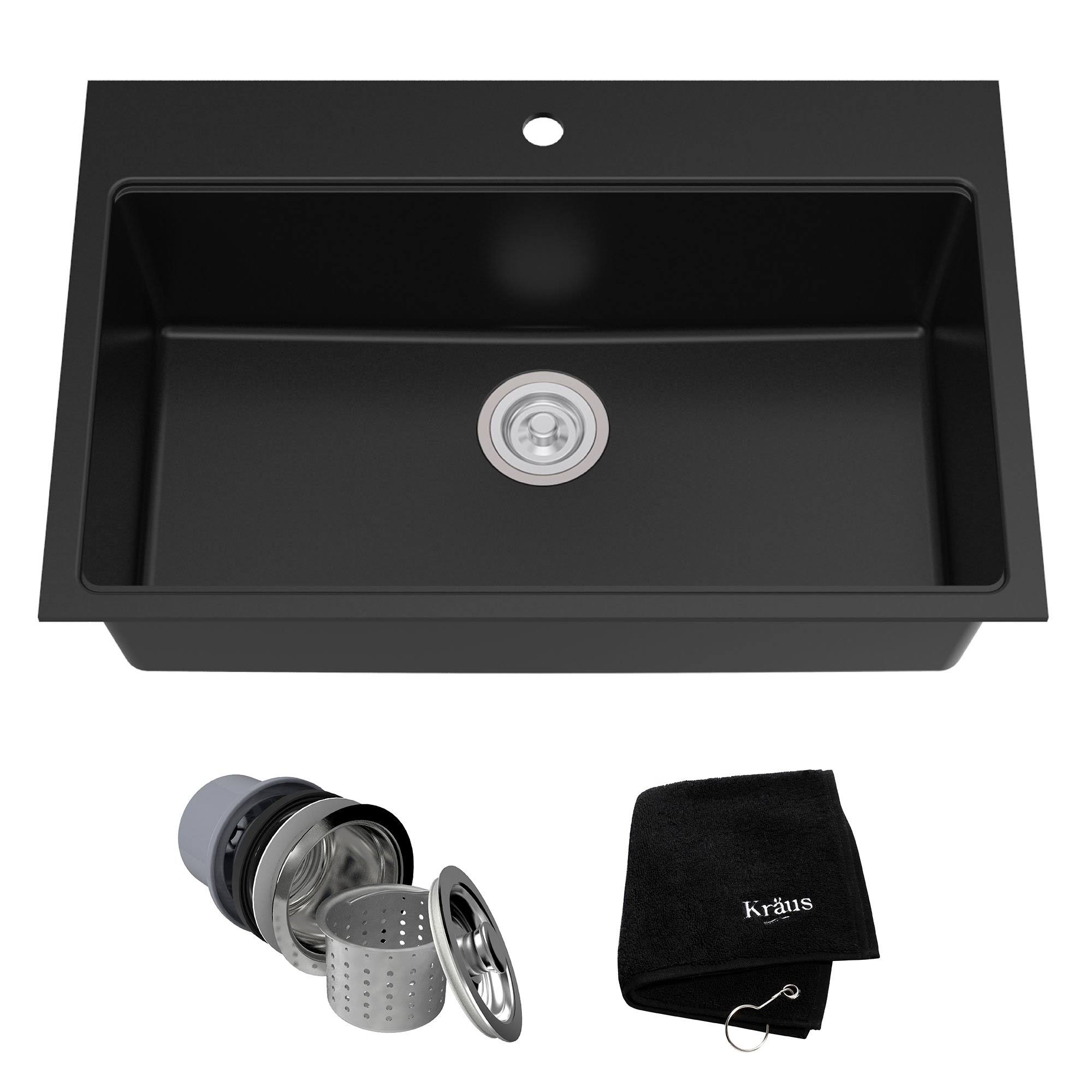 Kraus Dual Mount Single Bowl Granite Kitchen Sink, Black