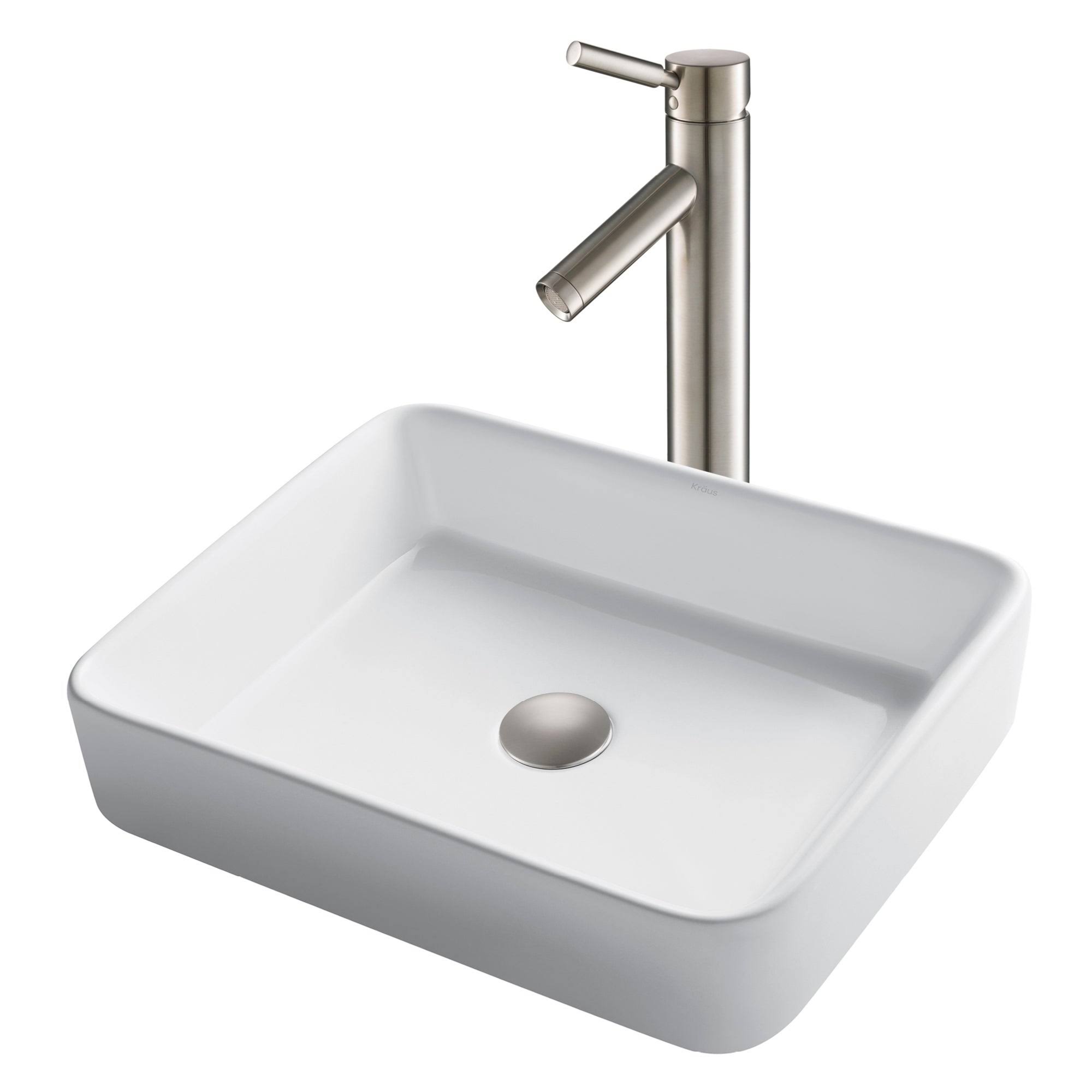 Kraus C-KCV-121-1002SN Rectangular Ceramic Vessel Sink with Sheven Faucet White - Satin Nickel