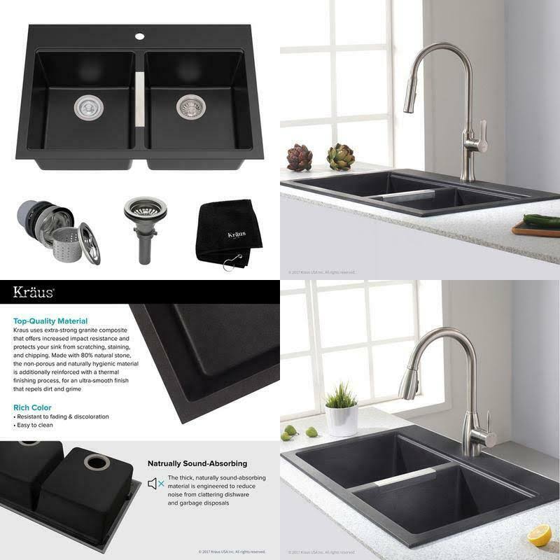 Kraus 1 Hole Double Basin Kitchen Sink Kit 33 inch Drop in Under Mount Granite Black KGD-433B