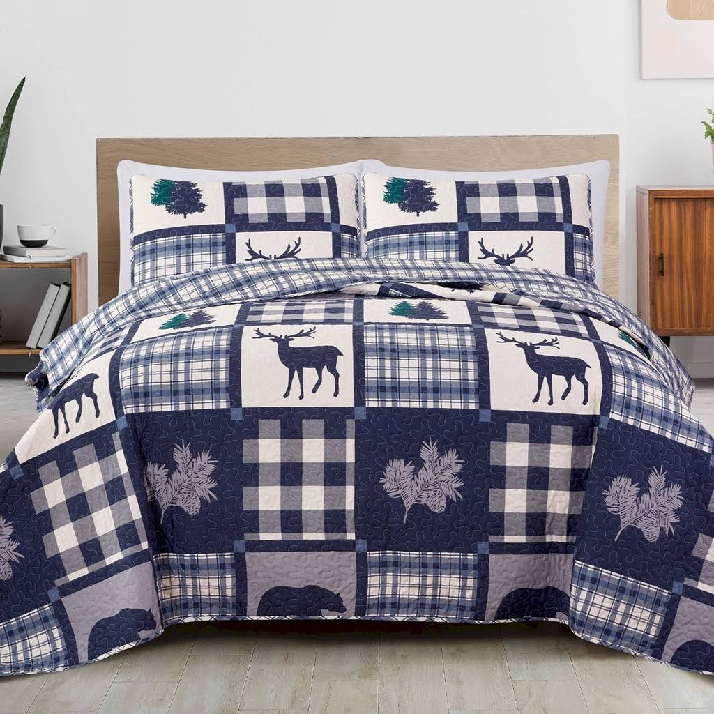 Great Bay Home Stonehurst Lodge Reversible Quilt Set Full / Queen Navy / Grey