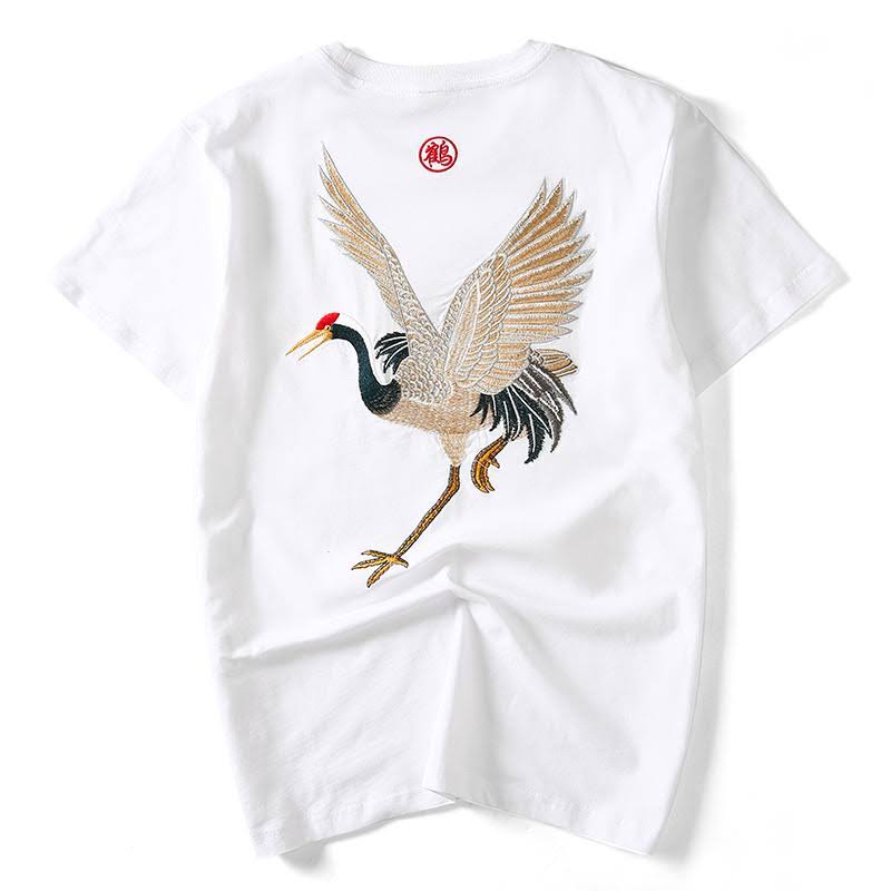 Embroidered Crane Sukajan T-Shirt M / White