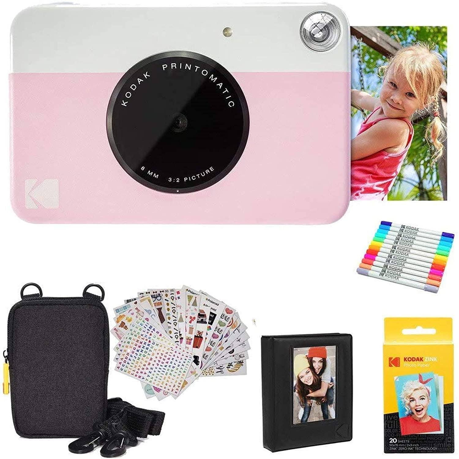 Kodak Printomatic Instant Camera (Pink) Gift Bundle + Zink Paper (20 Sheets) + Case + 7 Sticker Sets + Markers + Photo Album