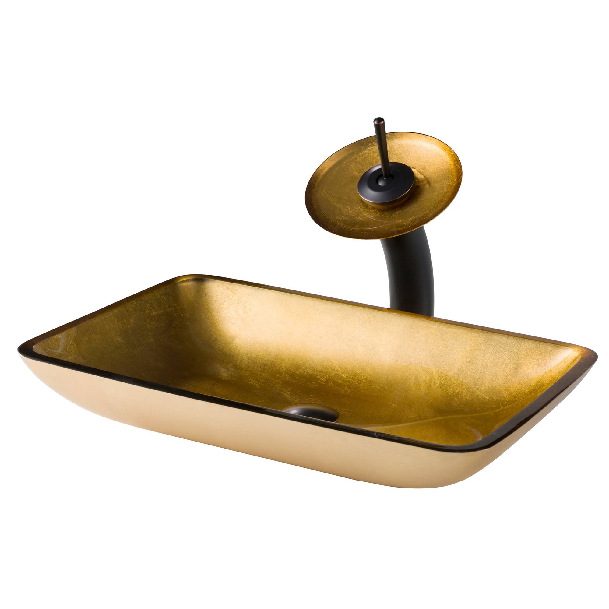 Kraus C-GVR-210-RE-10ORB Golden Pearl Rectangular Glass Vessel Sink and Waterfall Faucet Oil Rubbed Bronze