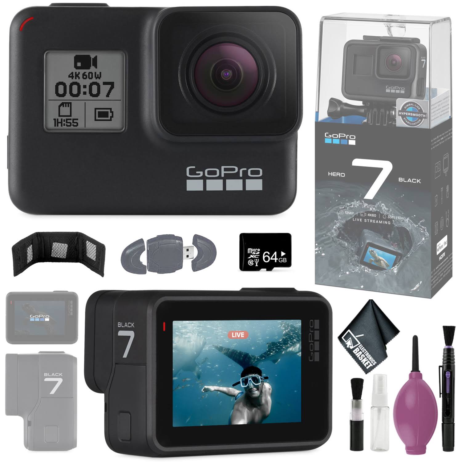GoPro Hero7 Black - 64GB - Memory Card Wallet - Card Reader