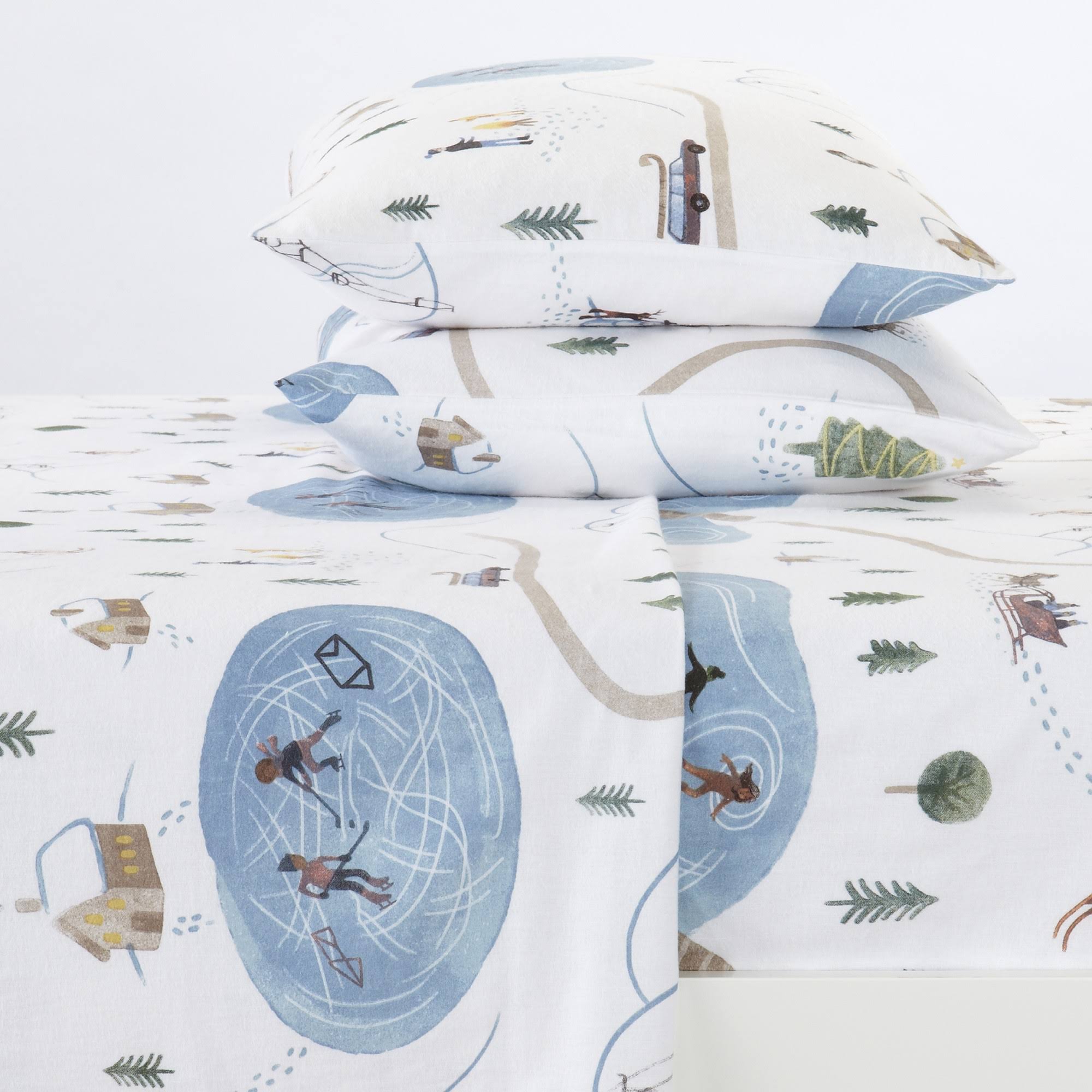 Great Bay Home 100% Cotton Flannel Lodge Printed Sheet Set California King Winter Village