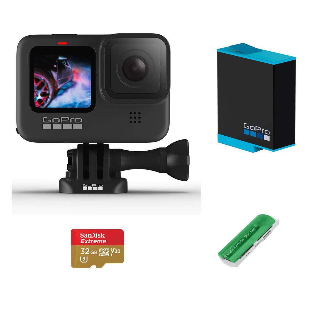 GoPro HERO9 Black, Waterproof Action Camera, 5K/4K Video, Essential Bundle with Extra Battery, 32GB microSD Card, Card Reader