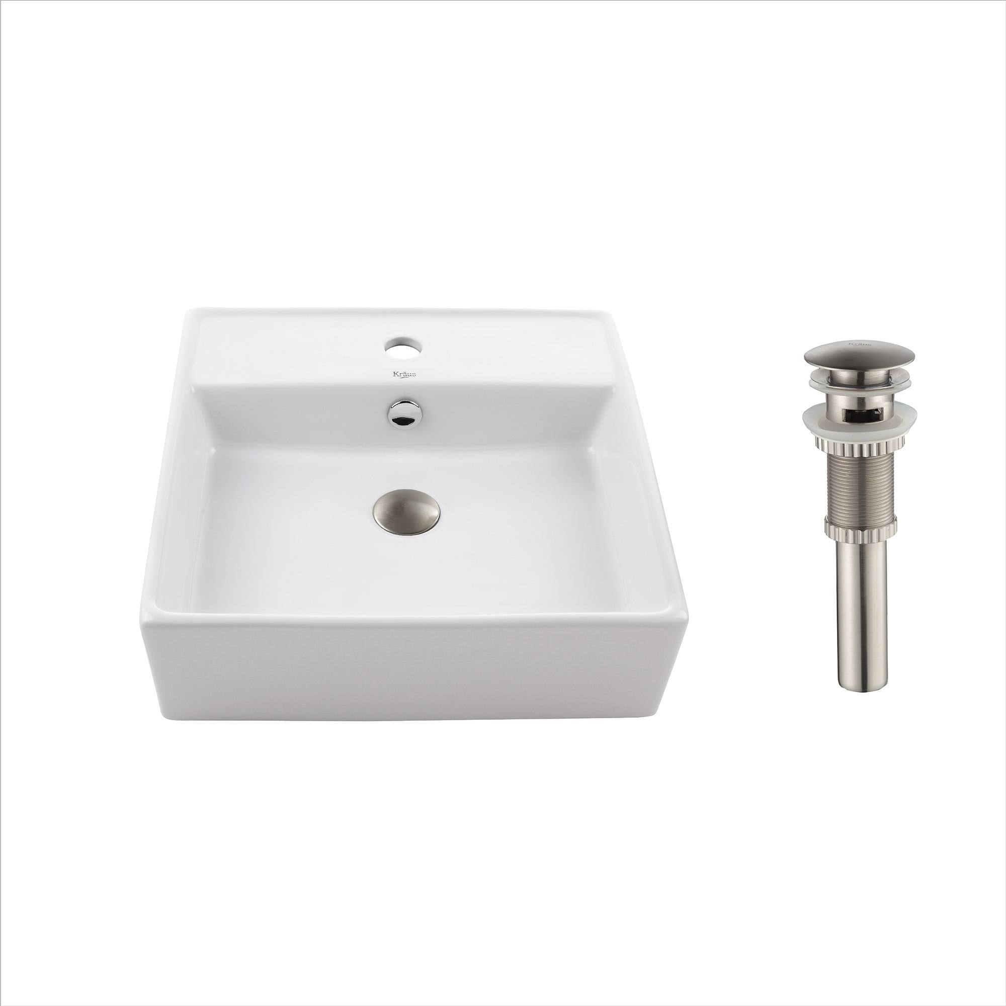 Kraus KCV-150-SN Square Ceramic Vessel Bathroom Sink with Overflow White