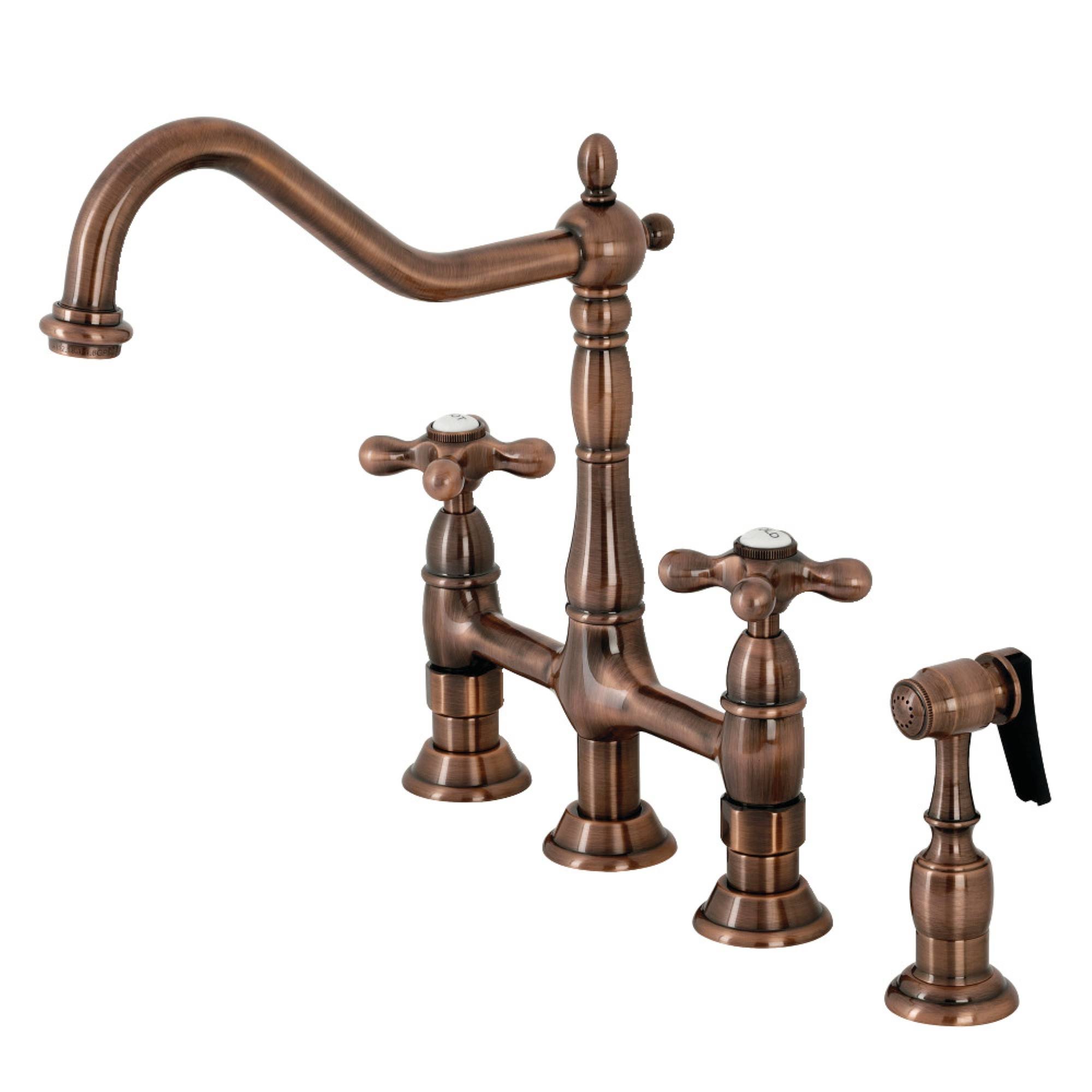 Kingston Brass KS127AXBSAC Heritage Bridge Kitchen Faucet with Brass Sprayer Antique Copper