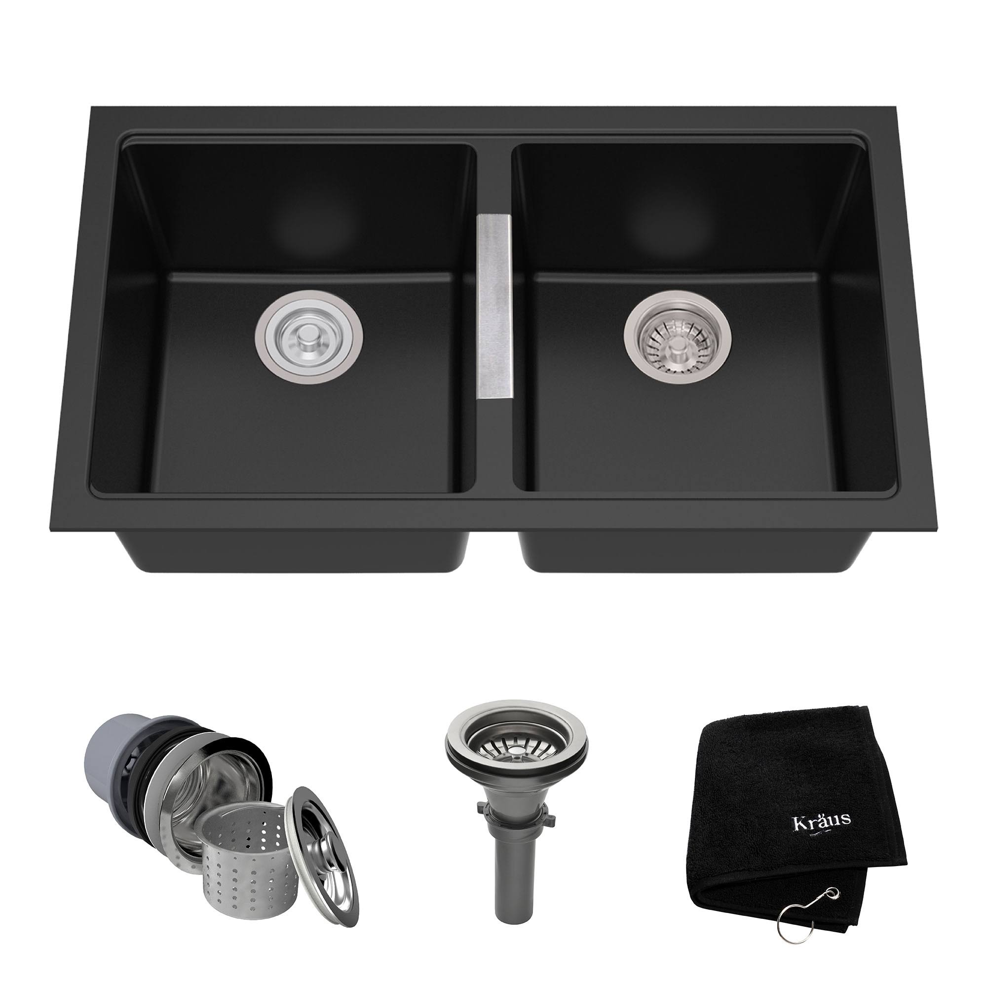 Kraus KGU-434B 33x22 Undermount 50/50 Double Bowl Black Onyx Granite Kitchen Sink