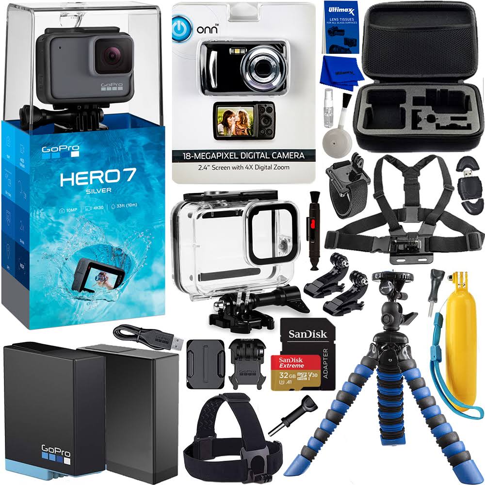 GoPro Hero7 Action Camera (Silver) Bundle with Free Promotional Onn ONA17CA009 18MP Digital Camera