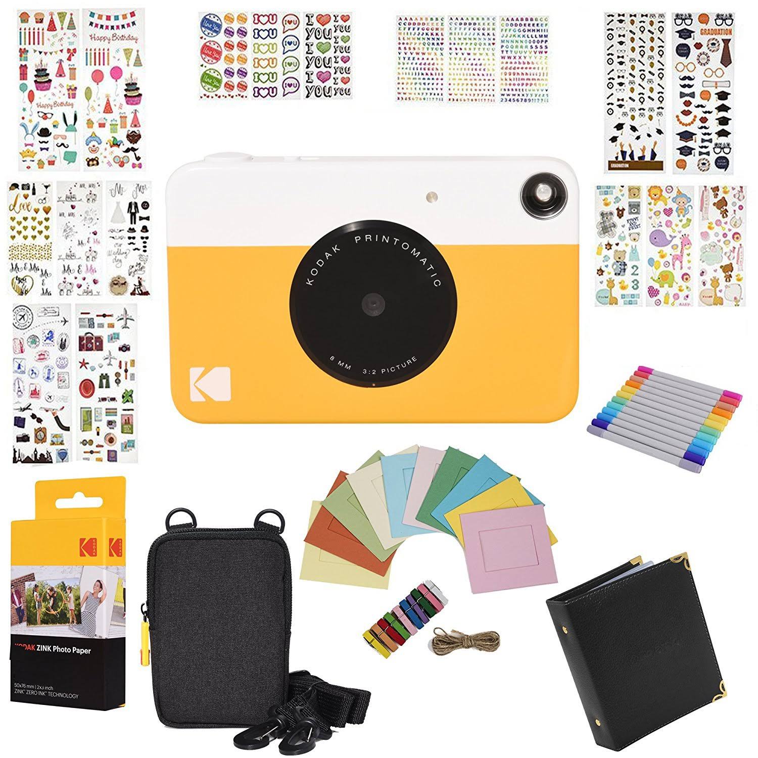 Kodak Printomatic Instant Camera Gift Bundle + Zink Paper (20 Sheets) + 9 Unique Colorful Sticker Sets + Case + Markers + Hangin