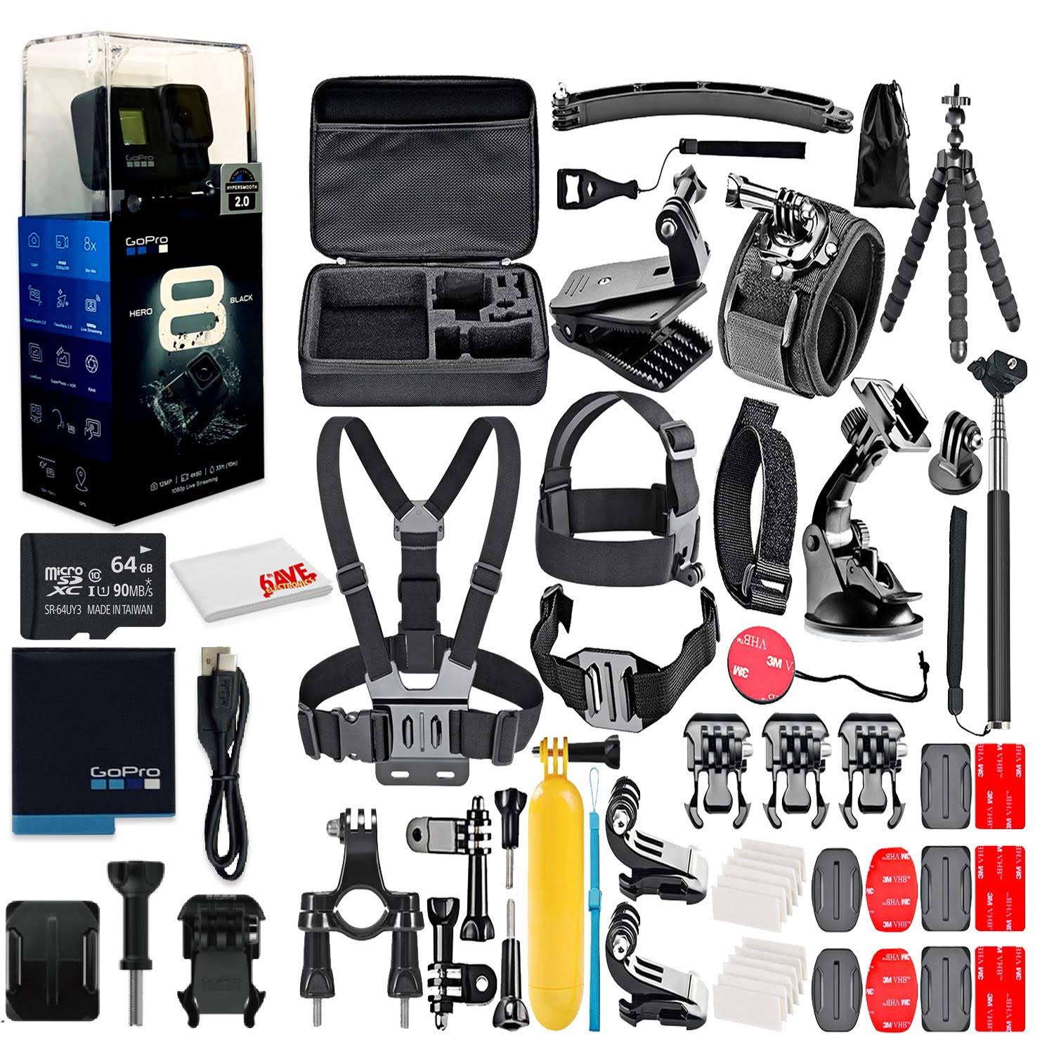 GoPro Hero8 Black Digital Action Camera - with 64GB Memory Card and 50 Piece Accessory Kit - Fully Loaded Bundle