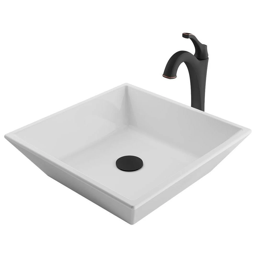 Kraus C-KCV-125-1200ORB 16 in. Elavo Square White Porcelain Ceramic Bathroom Vessel Sink u0026 Arlo Faucet Combo Set with Pop-Up