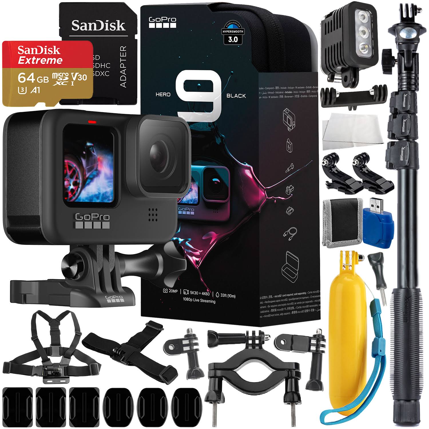 GoPro Hero9 (Hero 9) Action Camera (Black) with Water Sports Accessory Bundle - Includes: SanDisk Extreme 64GB microSDXC Memory