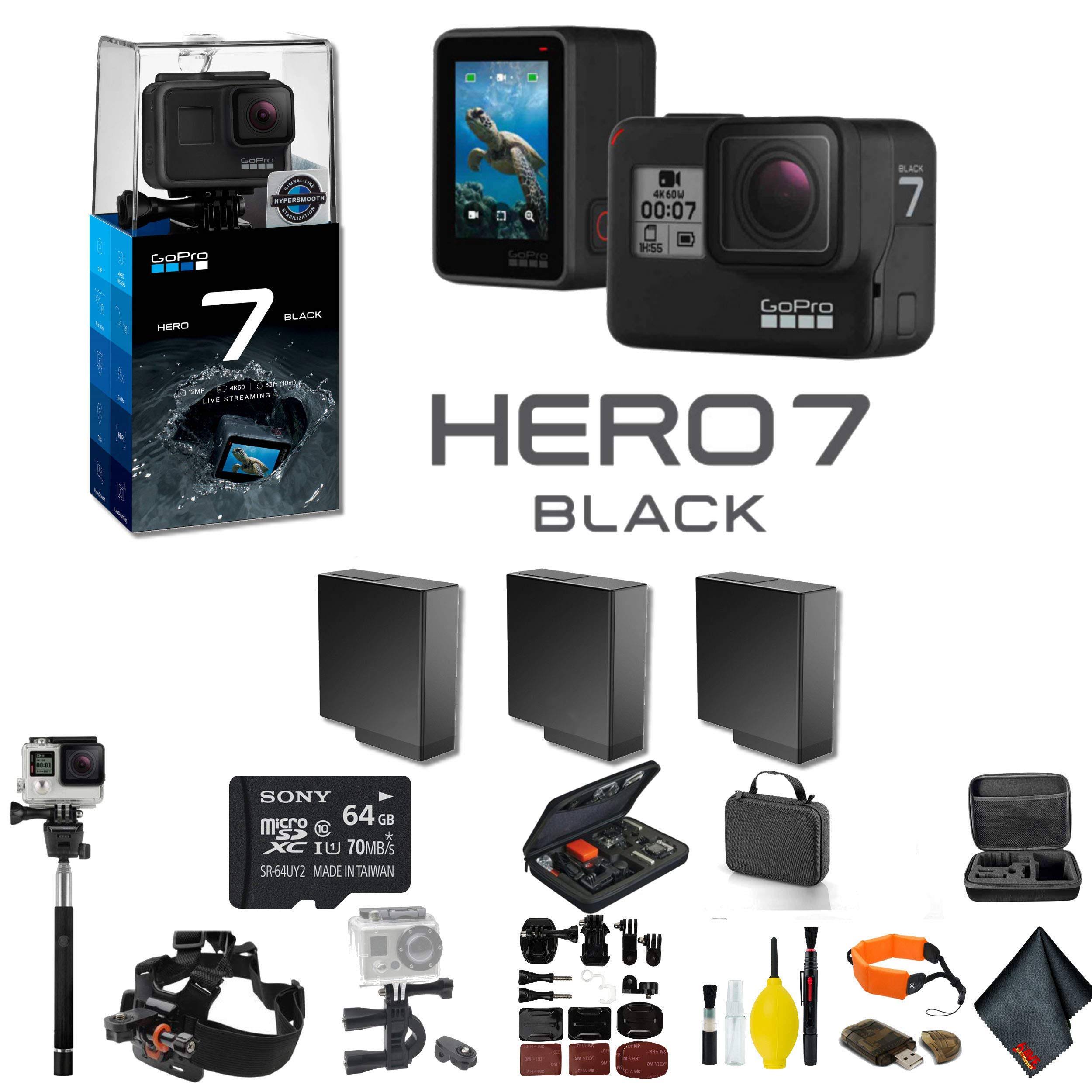GoPro Hero7 Black Action Camera 2 Extra battery, External Charger, 64GB Memory Card, Case, Chest Mount, Handle Bar Mount, Selfie