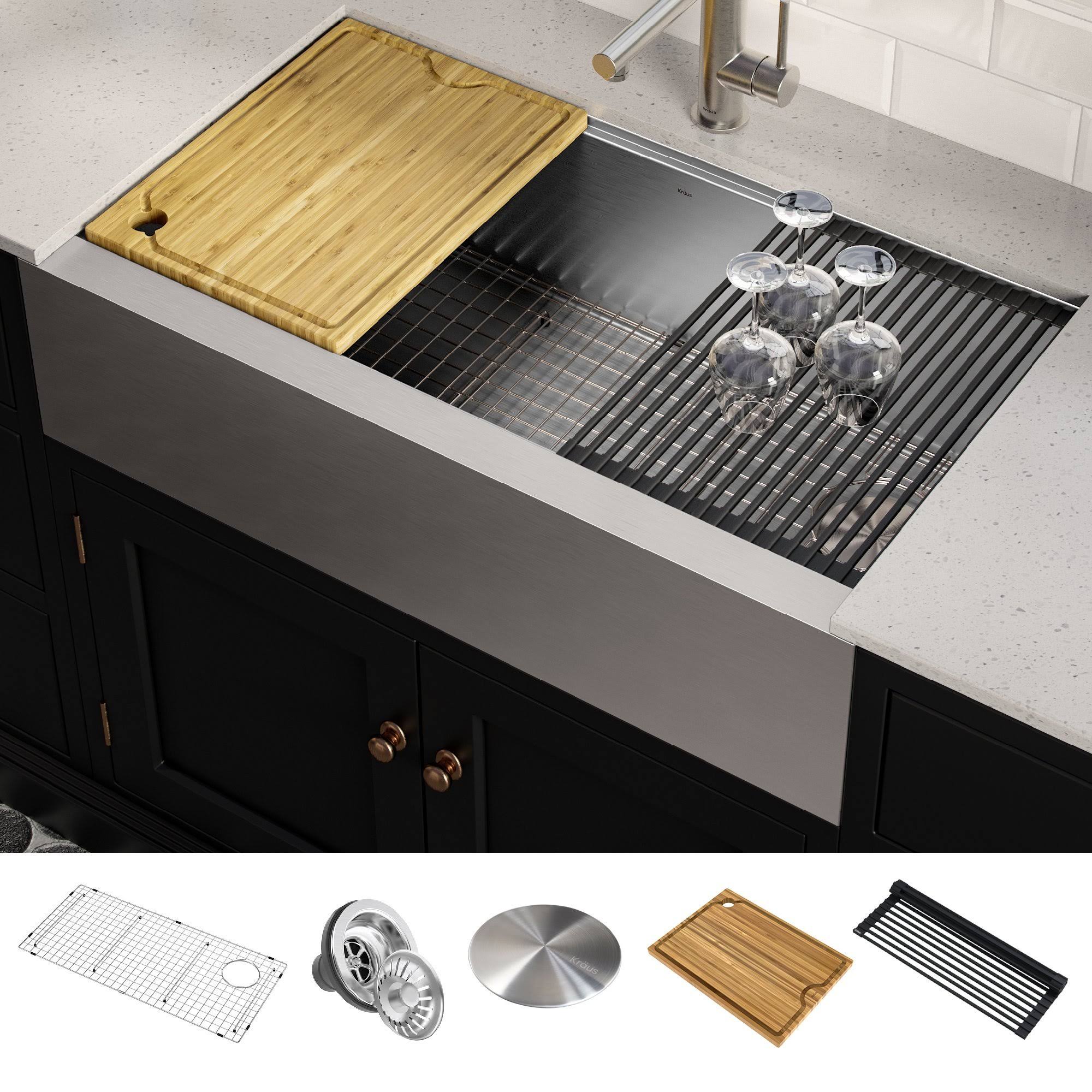 Kraus Kore Workstation 36 inch Farmhouse Flat Apron Front 16 Gauge Single Bowl Kitchen Sink with Accessories - Stainless Steel K