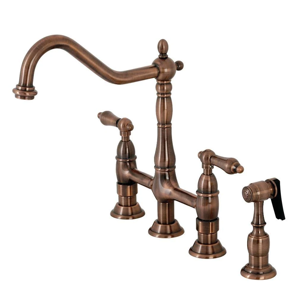 Kingston Brass KS127ALBSAC Heritage Bridge Kitchen Faucet with Brass Sprayer Antique Copper