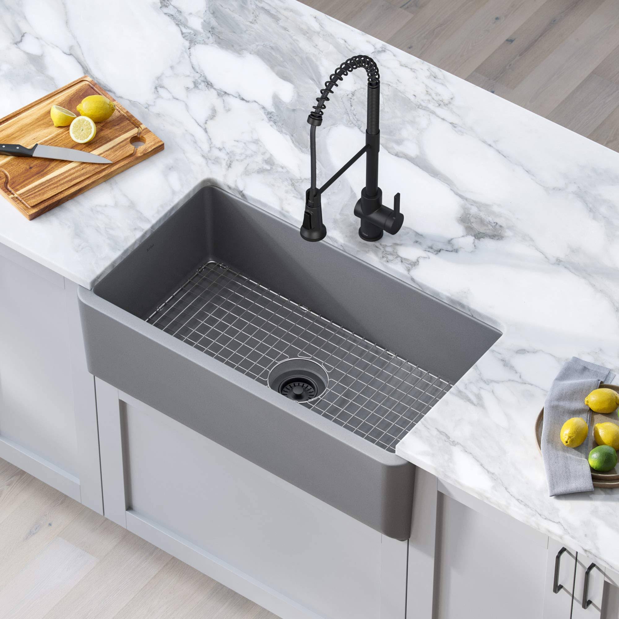 Kraus KFR1-33MGR Turino 33 inch Farmhouse Reversible Apron Front Fireclay Single Bowl Kitchen Sink in Matte Grey