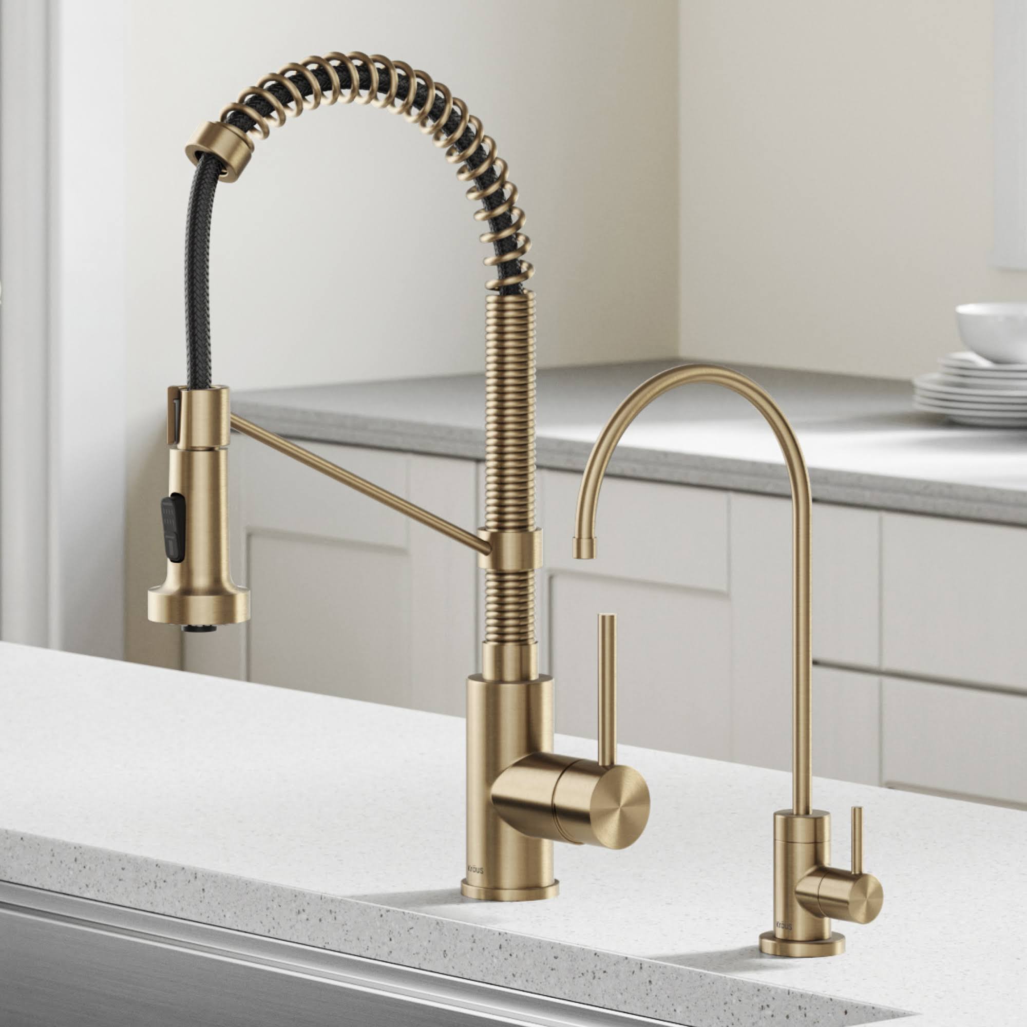 Kraus KPF-1610-FF-100BG/EX Bolden Commercial Style Pull-Down Kitchen Faucet and Purita Water Filter Faucet Combo in Brushed Gold