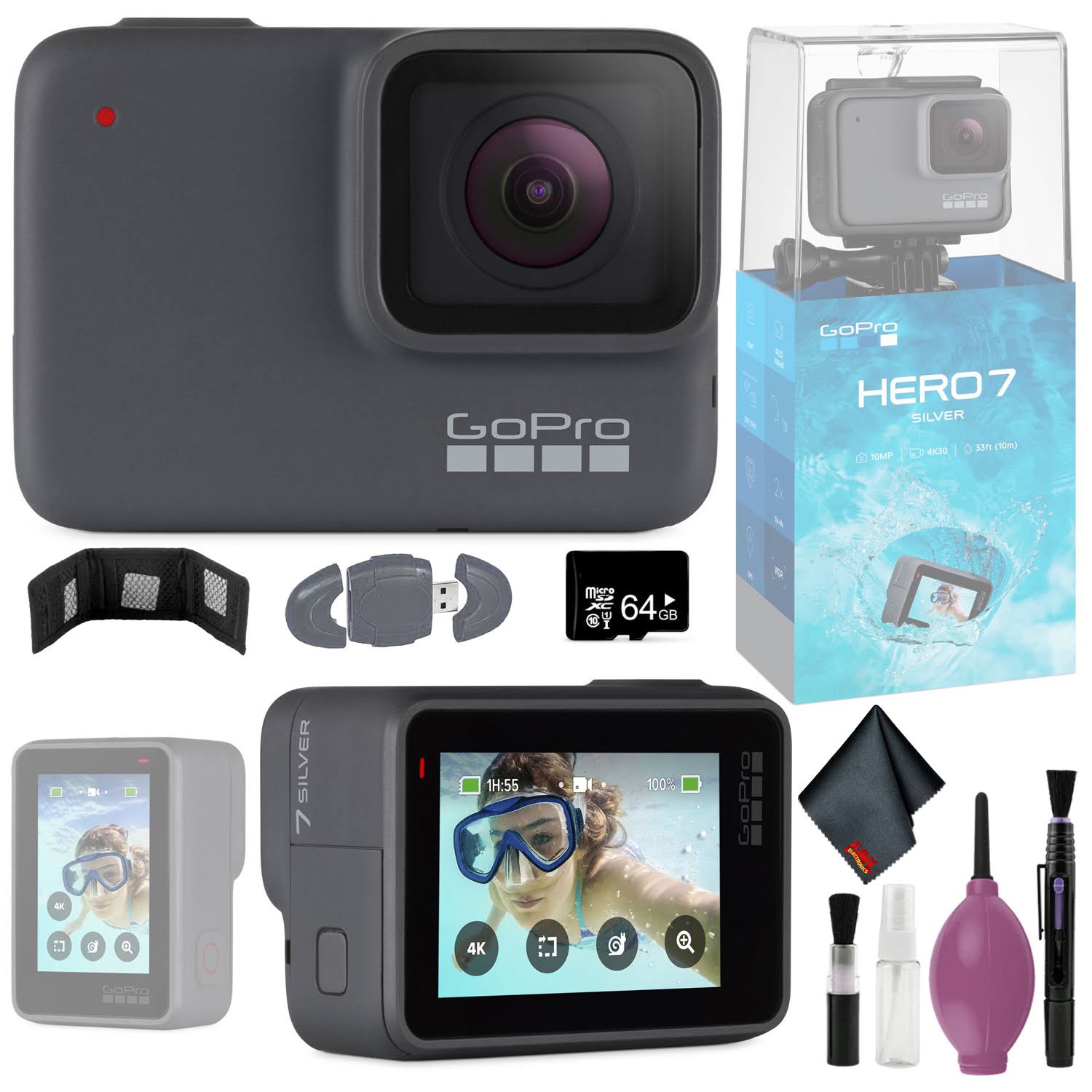 GoPro Hero7 Silver - 64GB - Memory Card Wallet - Card Reader