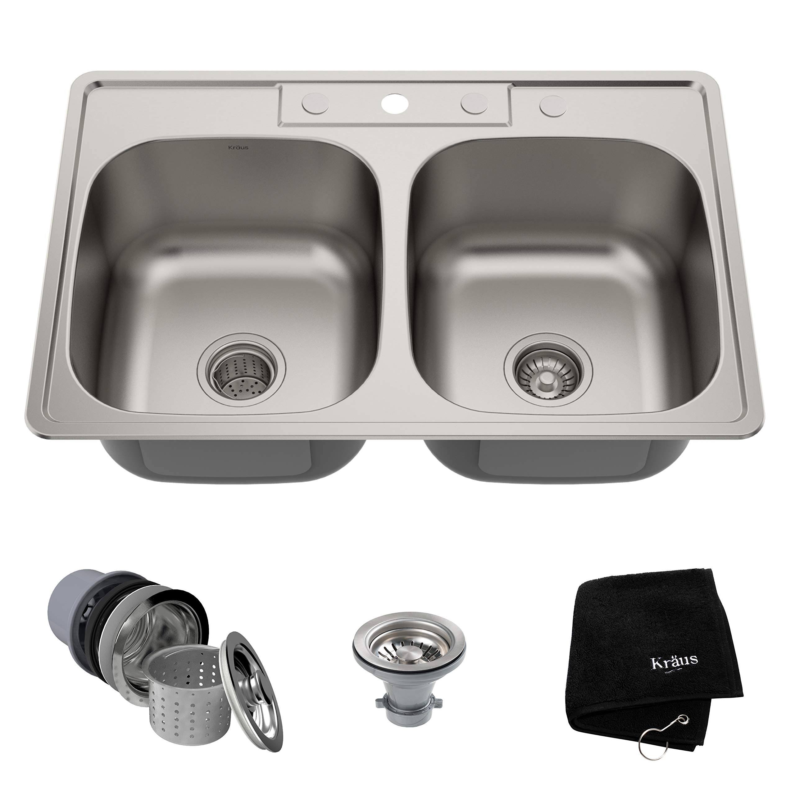 Kraus KTM33 33x22 Topmount 50/50 Double Bowl 18 Gauge Stainless Steel Kitchen Sink