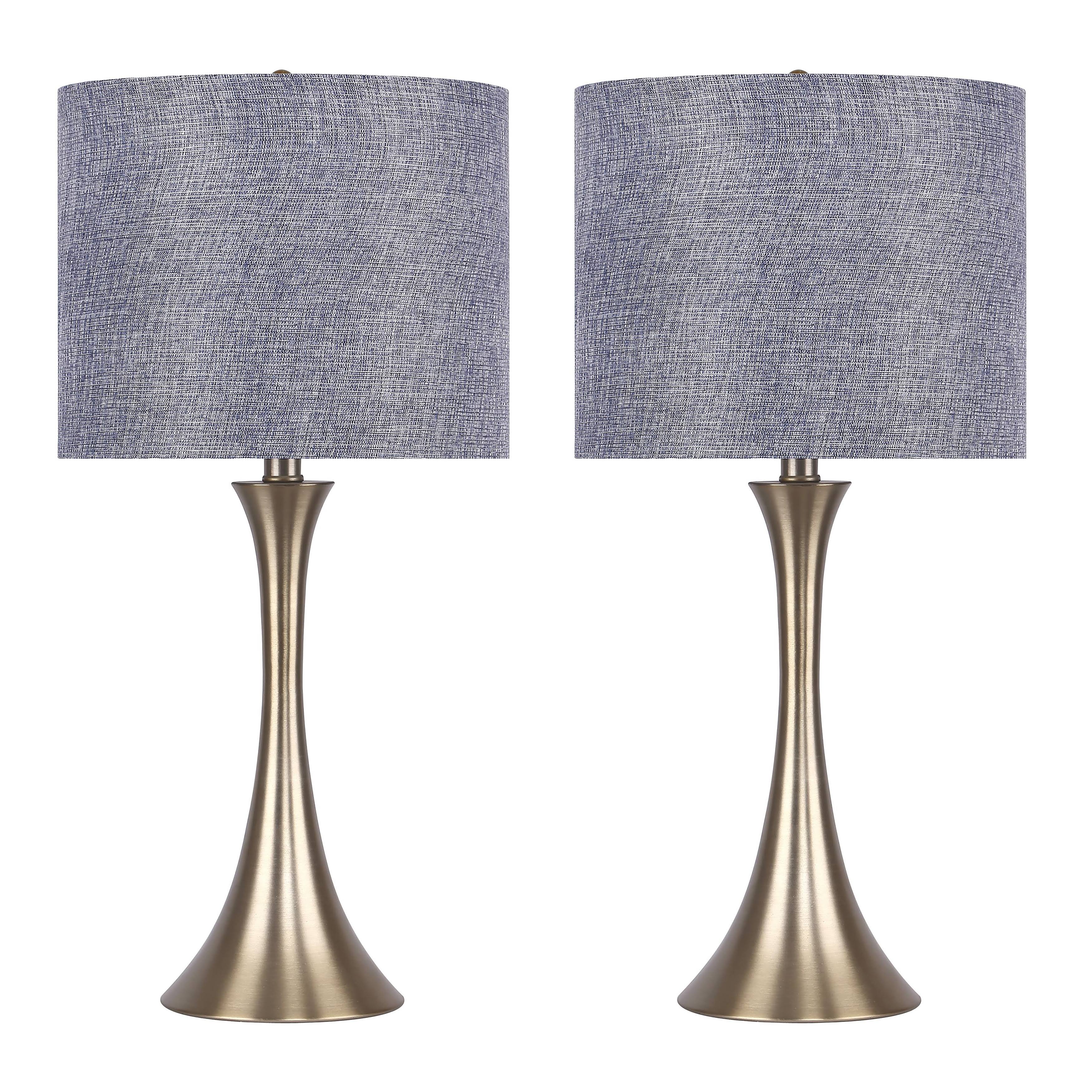 Gold Plated Table Lamps with Sparkly Linen Shades 24x22 Set of 2, Blue