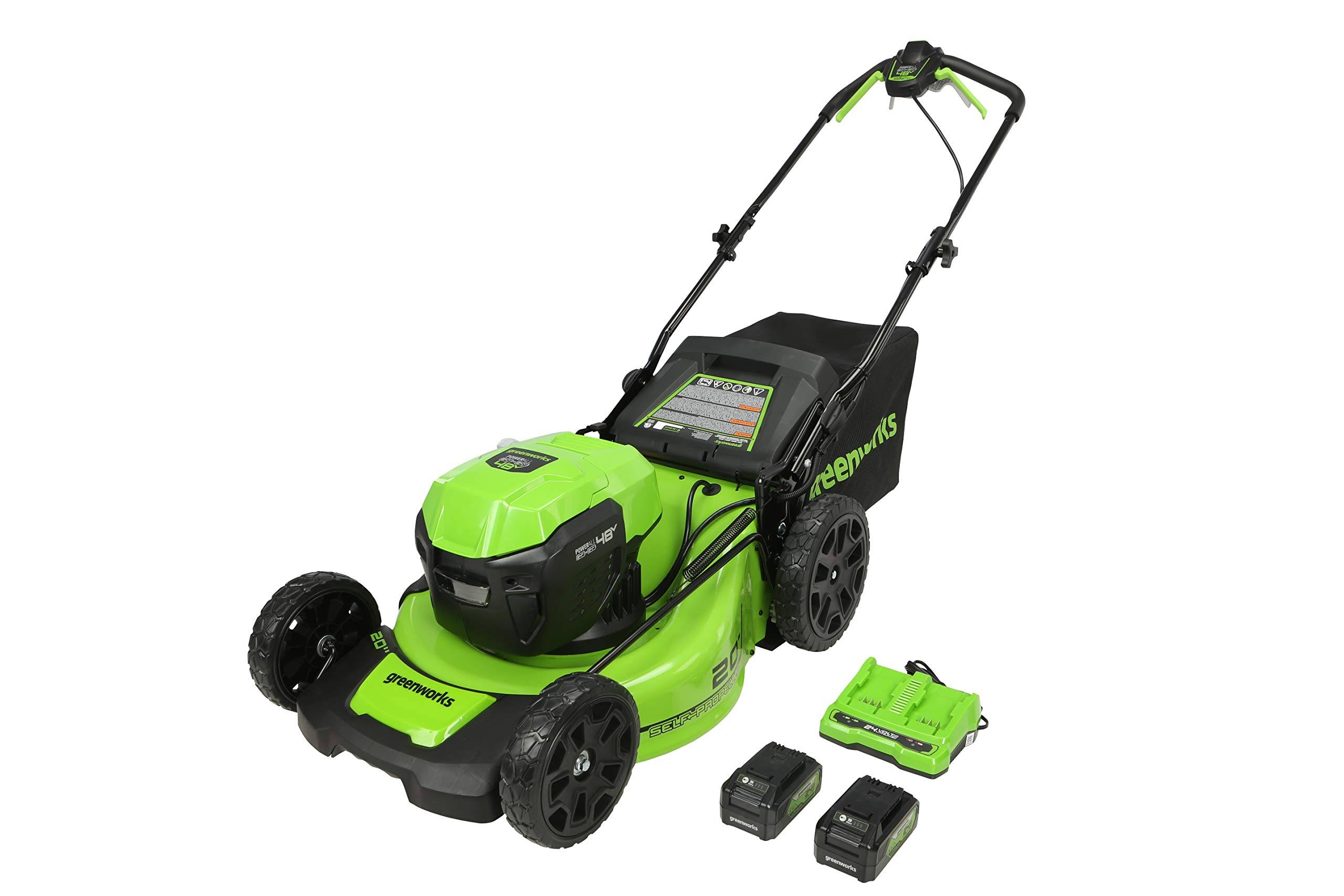 Greenworks 48V (2 x 24V) 20 inch Brushless Self-Propelled Mower, (2) 5Ah USB Batteries and Dual Port Rapid Charger Included 2532