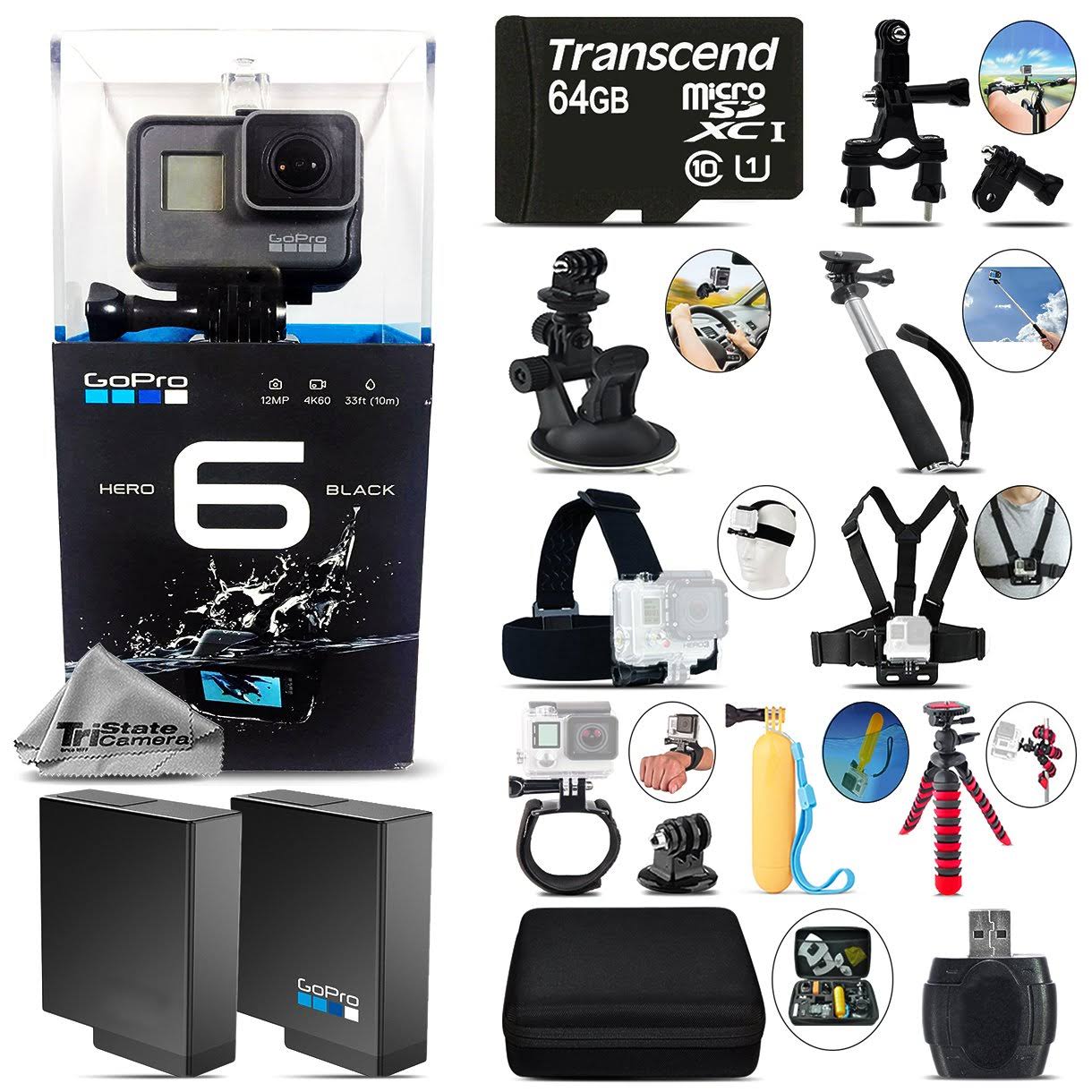 GoPro Hero 6 Black 4K Ultra HD Camera + Extra Battery u0026 Much More - 64GB Kit