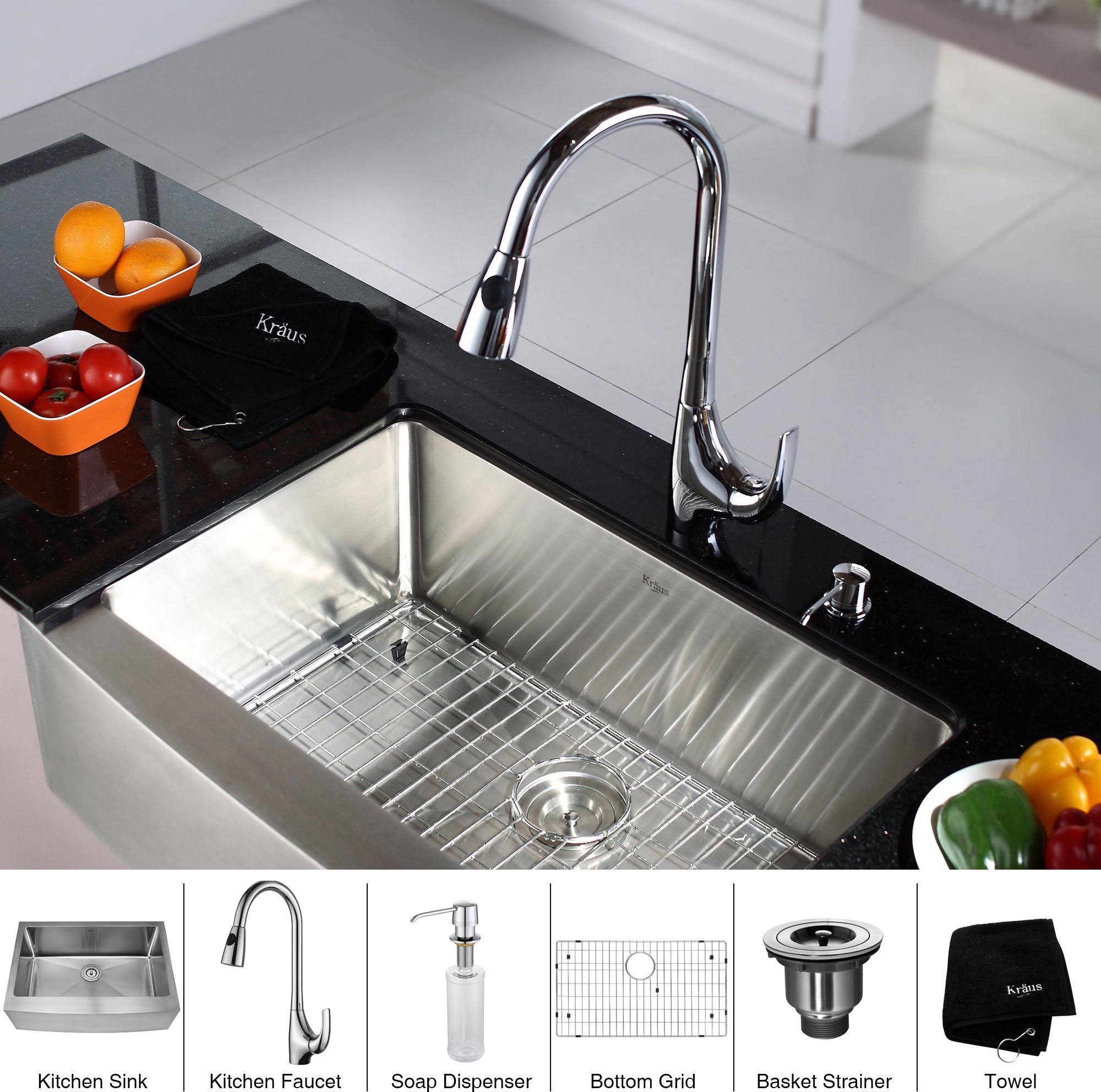 Kraus KHF200-30-KPF1621-KSD30CH Chrome 30x22 Farmhouse Single Bowl Stainless Steel Kitchen Sink with Kitchen Faucet and Soap Dis