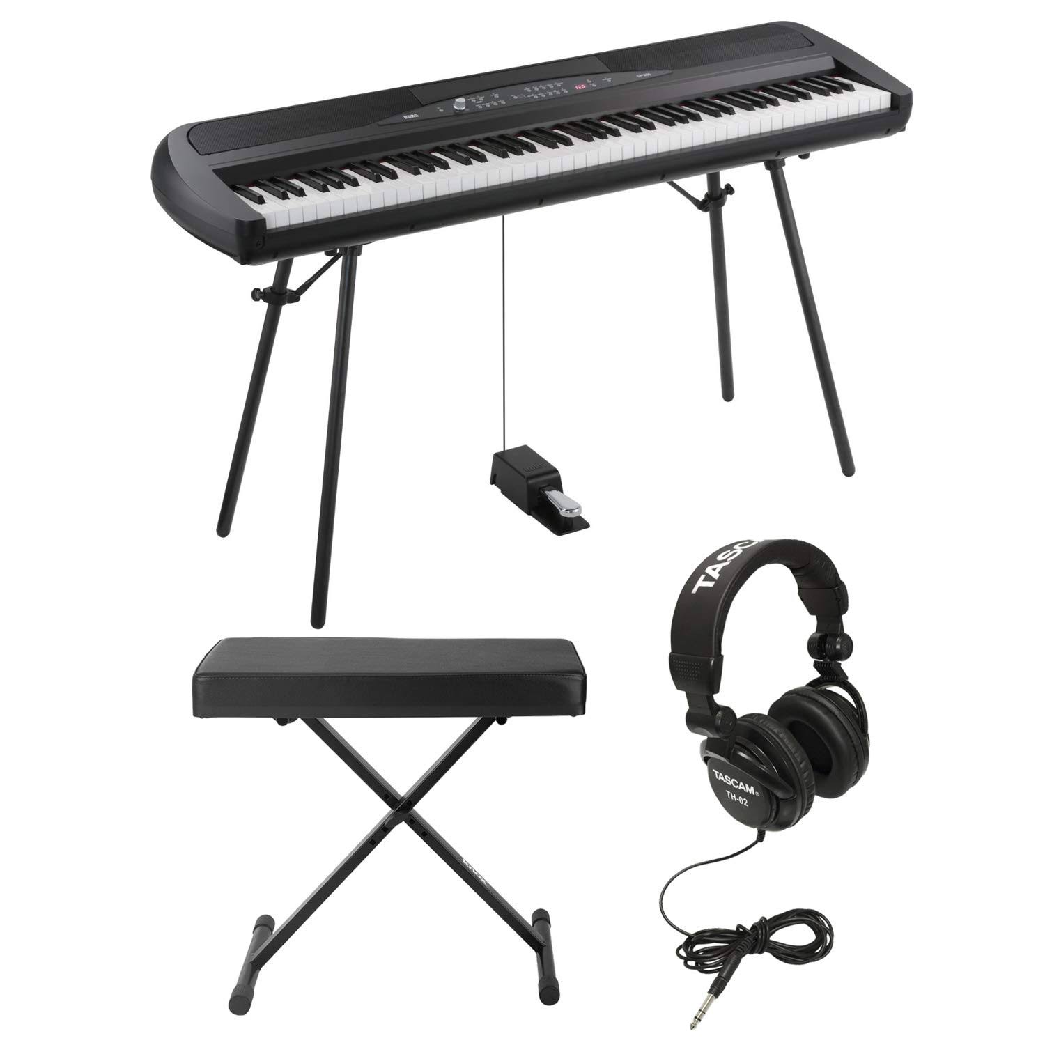 Korg SP280BK 88-Key Digital Piano and Speaker with Knox X-Style Keyboard Bench and Studio Headphones (Black)