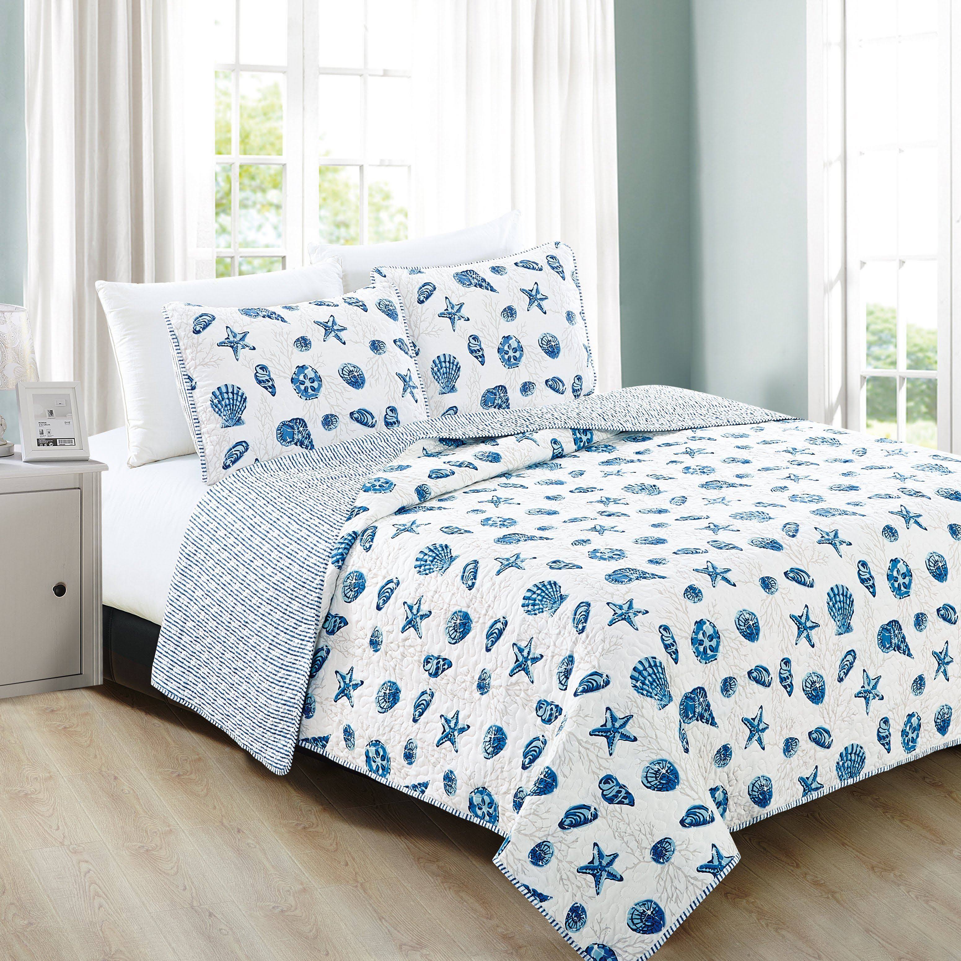Home Fashion Designs Bali Collection 3-Piece Blue Coastal Theme Quilt Set (King)