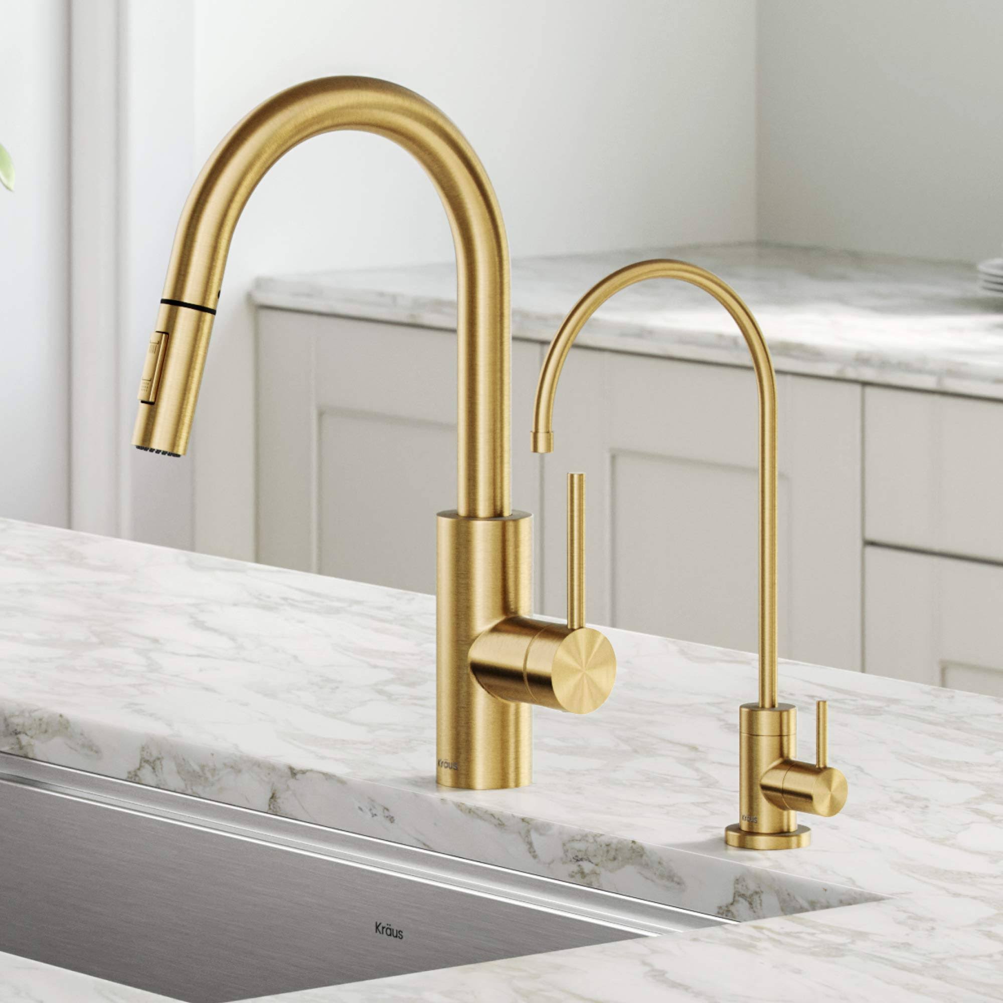 Kraus KPF-2620-FF-100BB Oletto Pull-Down Kitchen Faucet and Purita Water Filter Faucet Combo in Brushed Brass