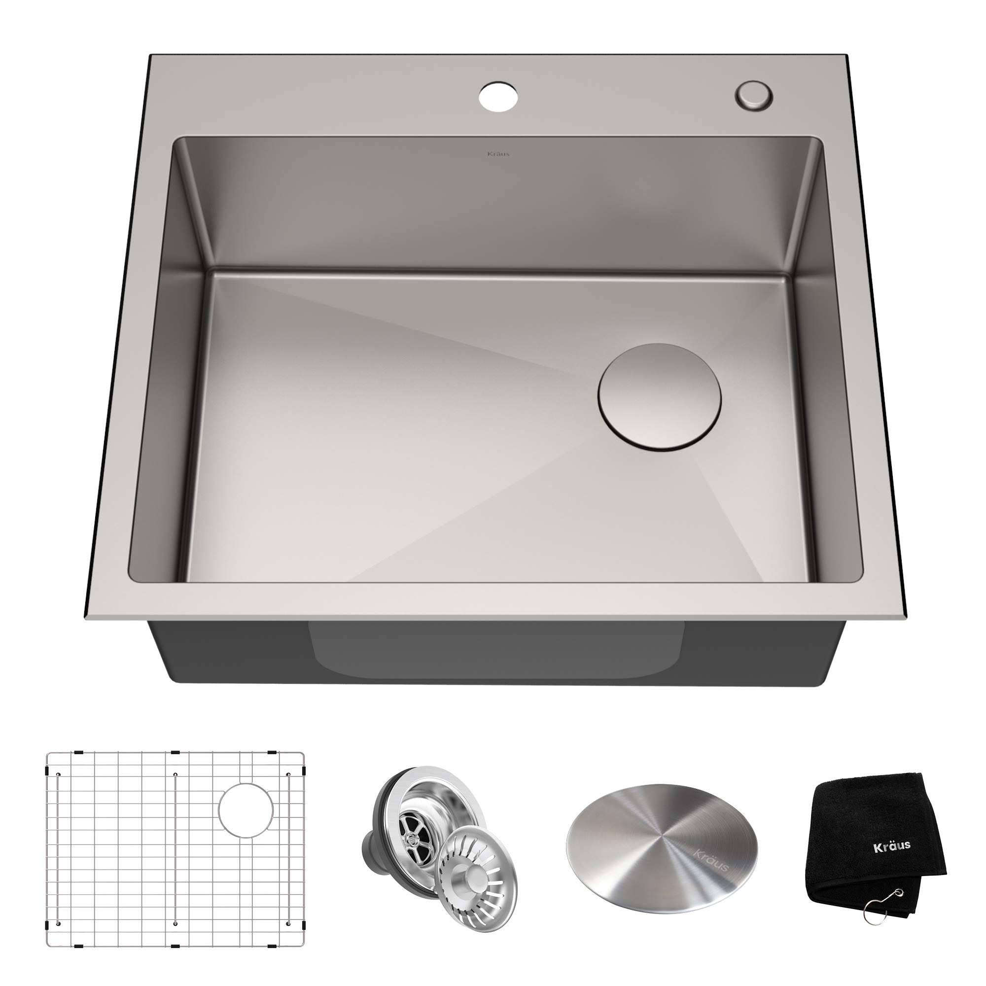 Kraus Loften Dual Mount Drop-In Stainless Steel 25 in. 1-Hole Single Bowl Kitchen Sink, Satin