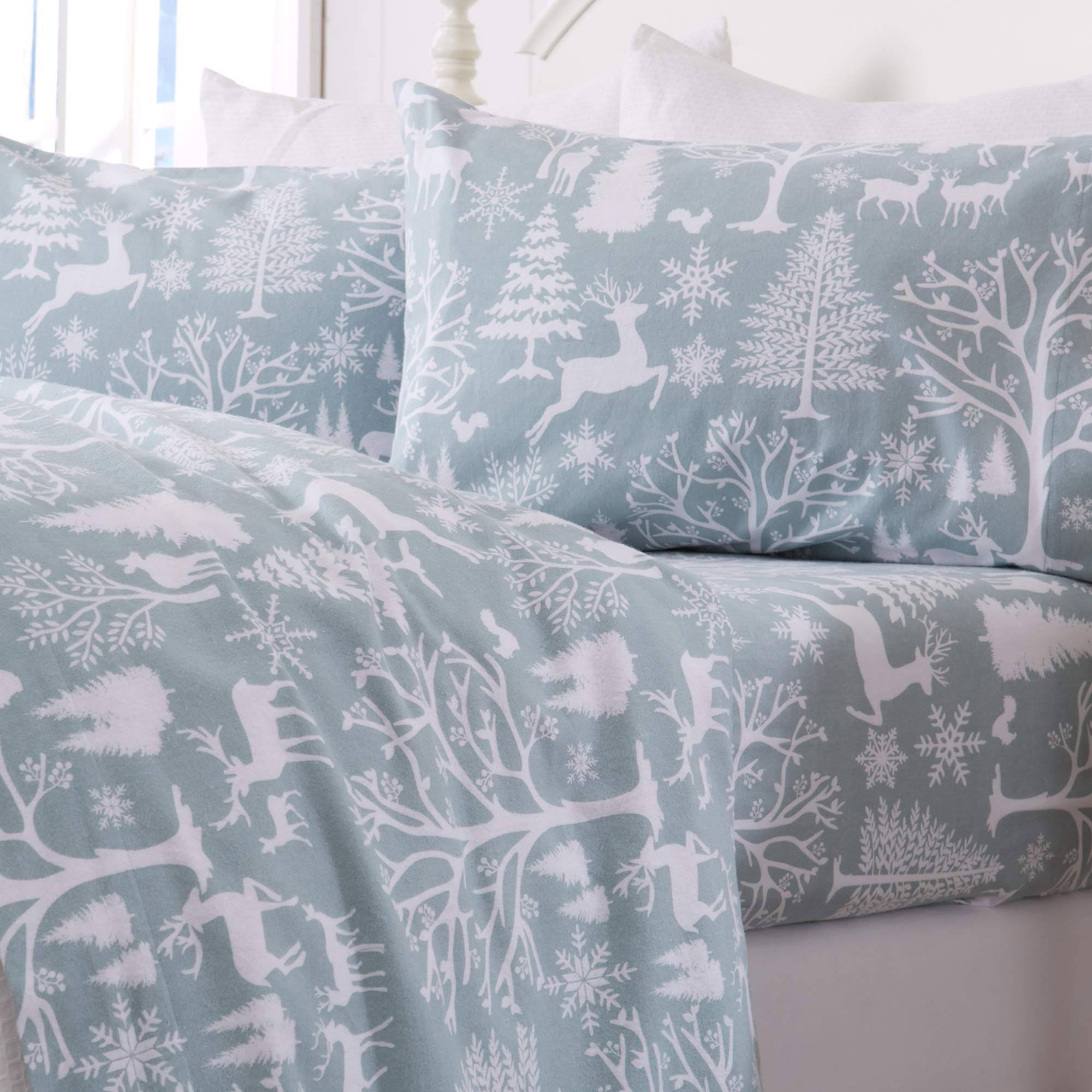 100% Turkish Cotton Flannel Sheets. Belle Collection, Enchanted Woods - Blue, California King by Great Bay Home