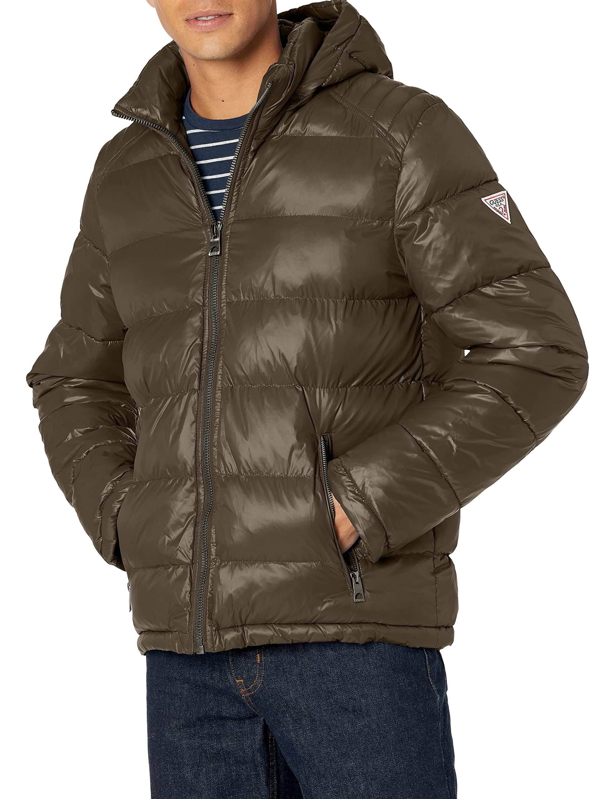 Guess Men&s Hooded Puffer Jacket - Olive - Size Large