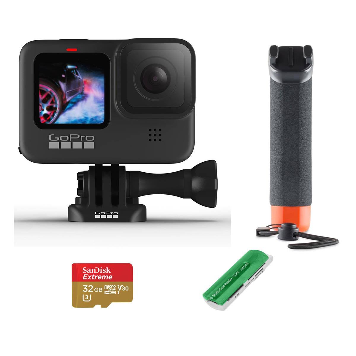 GoPro HERO9 Black, Waterproof Action Camera, 5K/4K Video, Basic Bundle with Floating Hand Grip, 32GB microSD Card, Card Reader