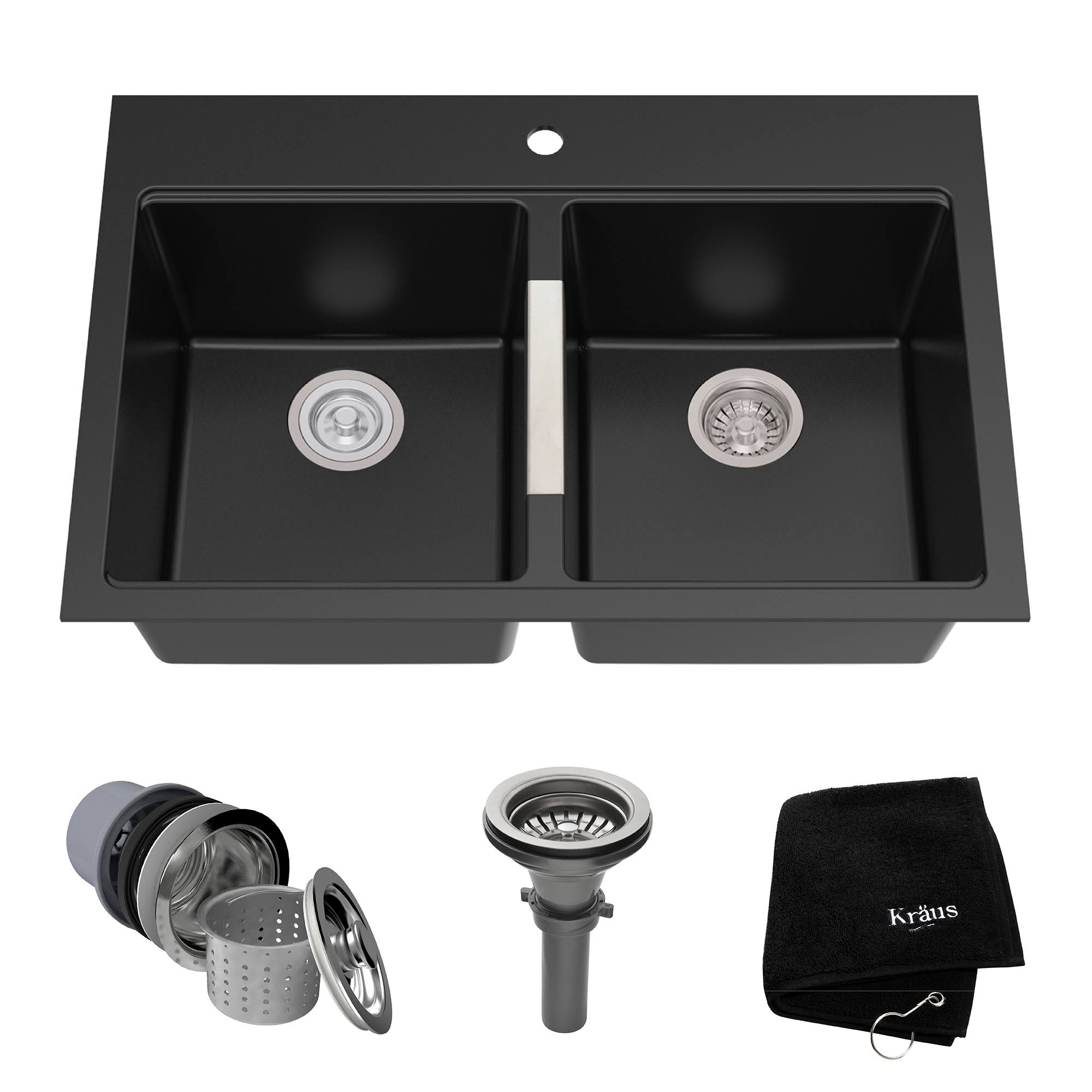 Kraus 33x22 Dual Mount 50/50 Double Bowl Black Onyx Granite Kitchen Sink