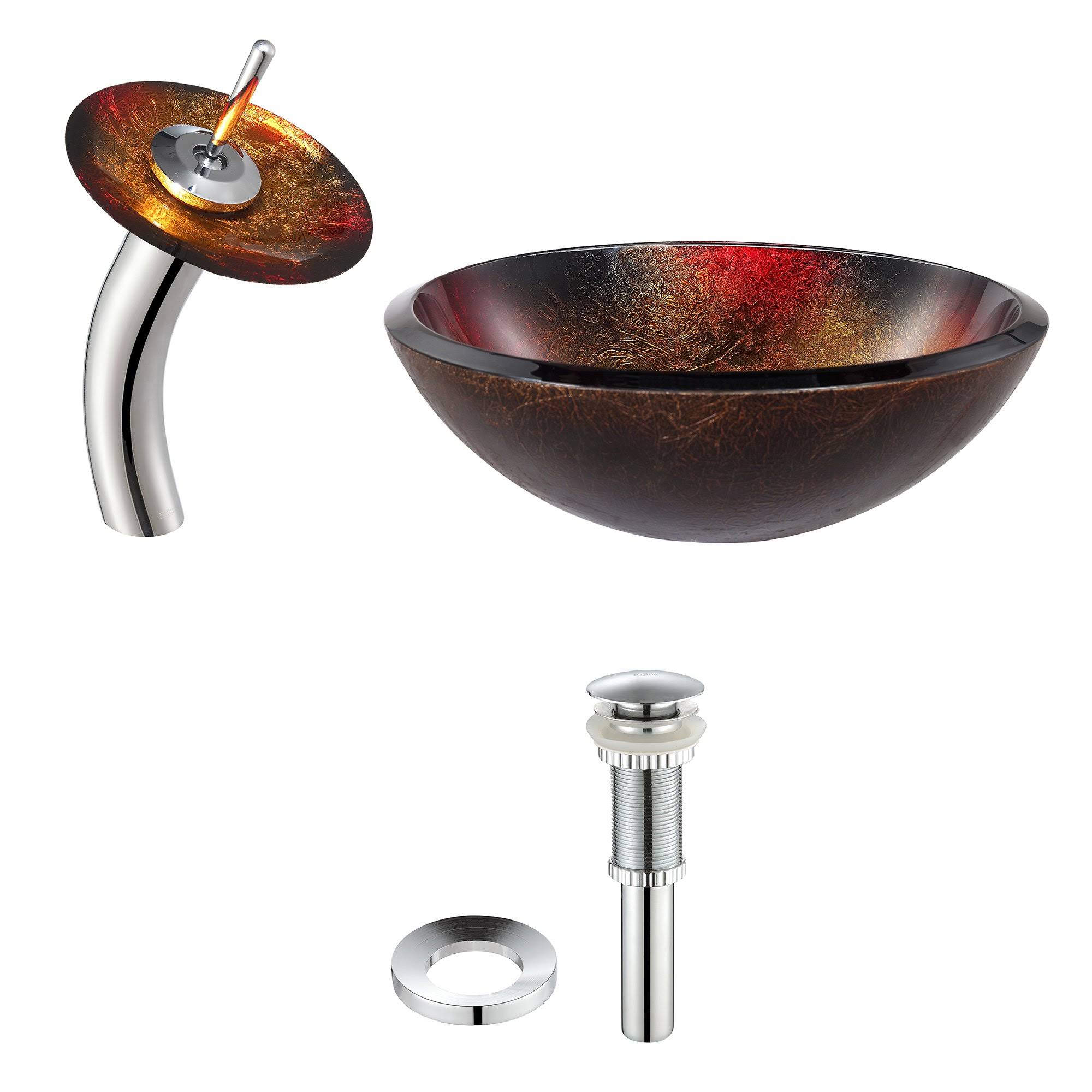 Kraus C-GV-680-19mm-10CH Chrome Mercury Glass Vessel Sink and Waterfall Faucet