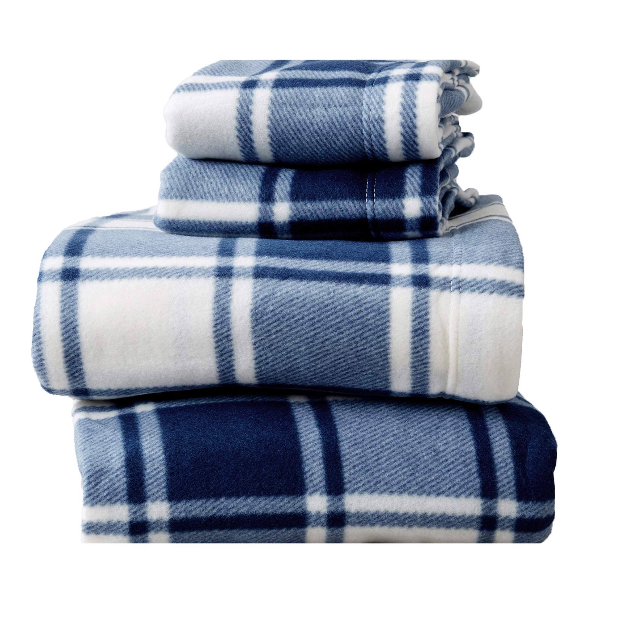 Great Bay Home Fleece Plaid Printed Full Sheet Set - Navy
