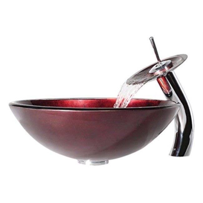 Kraus Irruption Red Glass Vessel Sink u0026 Waterfall Faucet (Chrome)