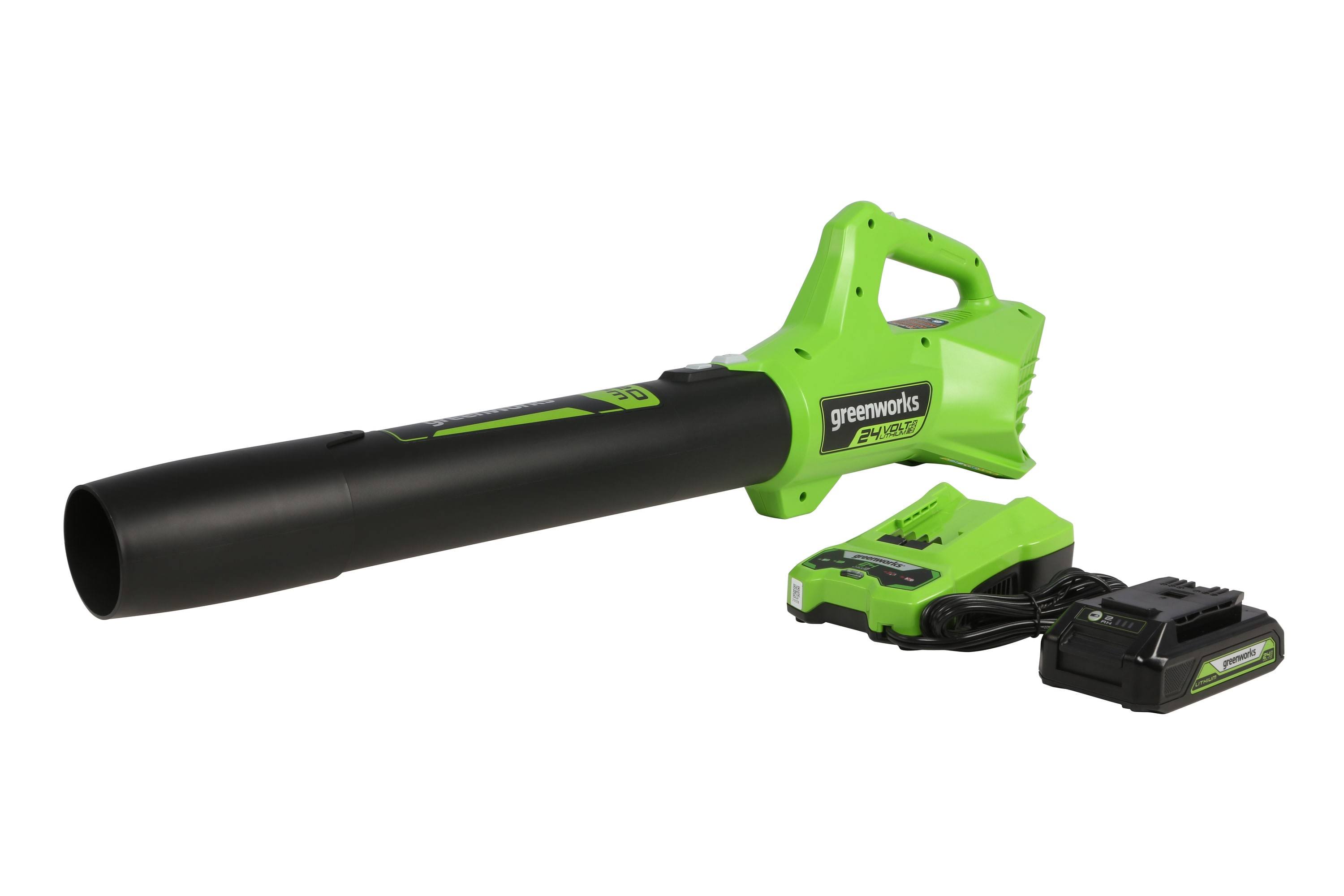 Greenworks 90 MPH 320 CFM 24V Battery Cordless Handheld Leaf Blower with 2.0 Ah USB Battery and Charger
